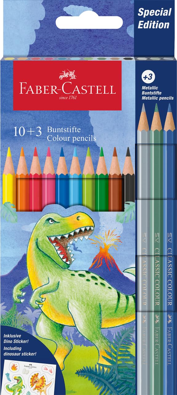 مداد رنگی دایناسور Faber-Castell با 10 رنگ و 2 رنگ فلزی، رنگ‌های روشن - شکل مشتقی کلاسیک - محافظت شده از شکستگی مایع با استفاده از فرآیند چسبندگی ویژه