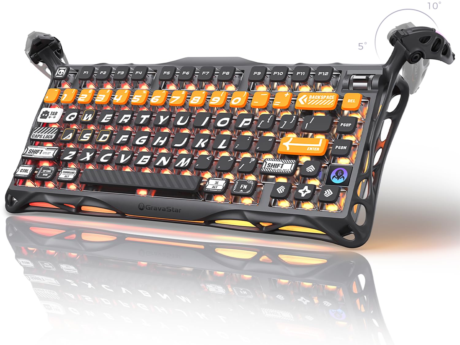 کیبرد گیمینگ GravaStar Mercury K1 Pro، بی‌سیم، آلومینیوم، طرح ۷۵٪، کیبرد مکانیکال دلخواه، طراحی مقاوم با زیبایی‌های منحصر به فرد، رنگ نارنجی سایبرفلر.