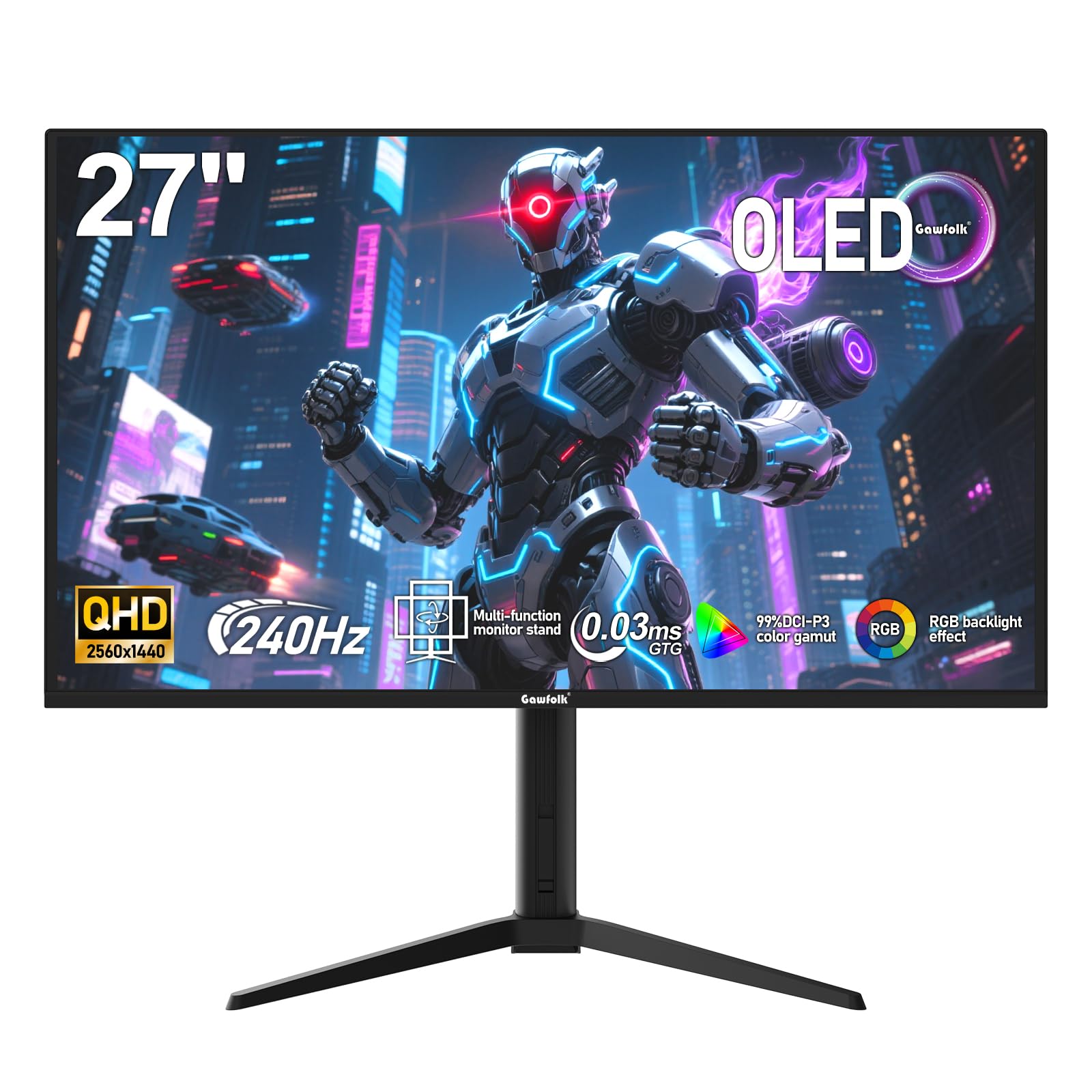 مانیتور بازی ۲۷ اینچی QD OLED Gawfolk با رزولوشن 2K، 240Hz، QHD (2560x1440P)، 0.03 میلی‌ثانیه (GTG)، 99٪ DCI-P3، FreeSync، HDR400، نسبت کنتراست 1.5M:1، قابلیت تعدیل ارتفاع/تیلت/چرخش، ۲۷ اینچ 27-INCH-QHD240Hz-OLED