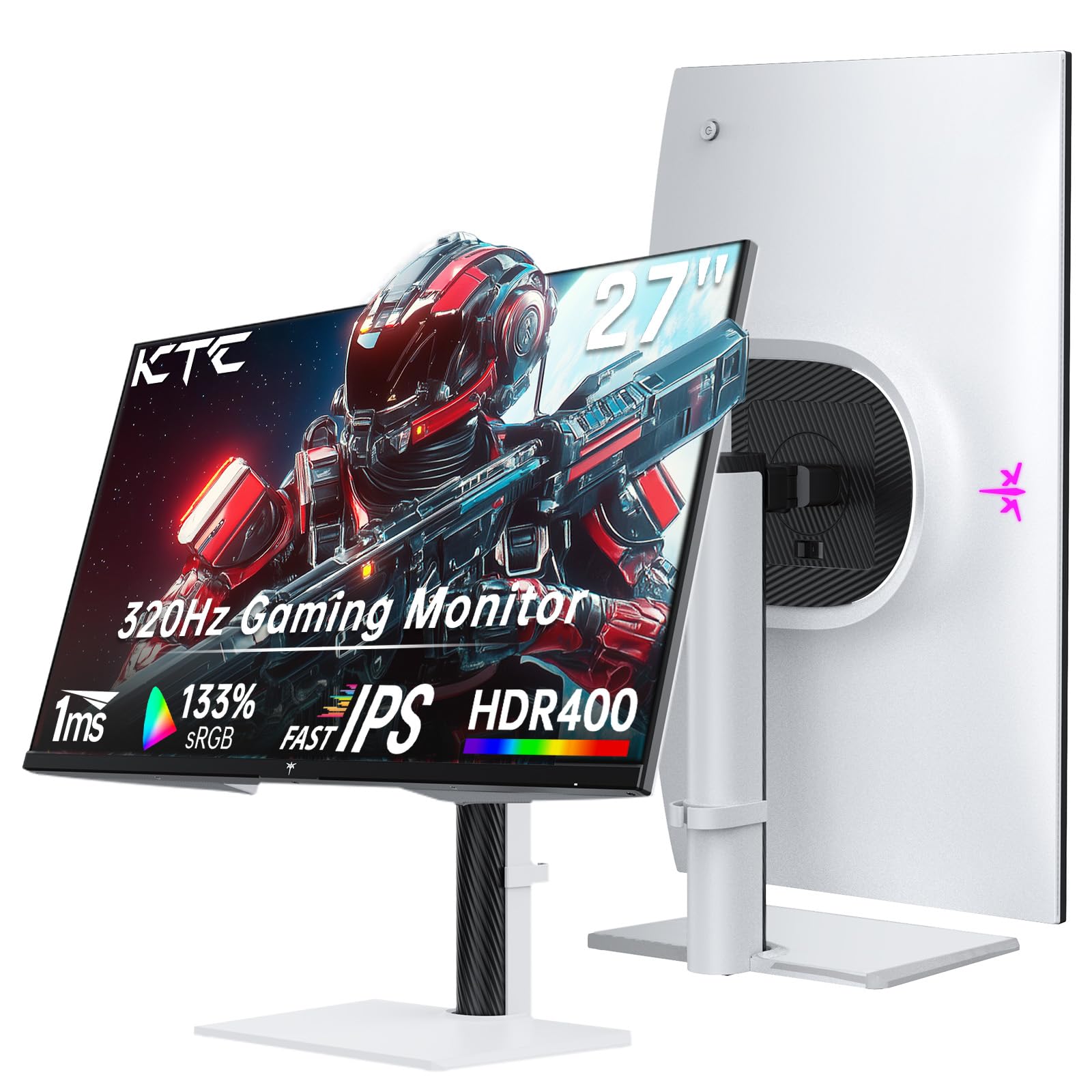 مانیتور بازی سفید 27 اینچی KTC Monitor با رزولوشن WQHD (2560x1440)، فناوری IPS سریع، 300Hz (قابلیت پشتیبانی از 320Hz از طریق اورکلاک)، زمان پاسخ‌دهی 1 میلی‌ثانیه، بازدهی رنگ 144% sRGB، روشنایی بالای 450cd/㎡، فناوری کاهش نور آبی، بدون ومش برای تجربه بی‌نقص، 2 عدد ورودی HDMI، 1 عدد ورودی DP، مدل H27E6 با اندازه 27 اینچ و رزولوشن QHD با قابلیت 320Hz و فناوری FastIPS