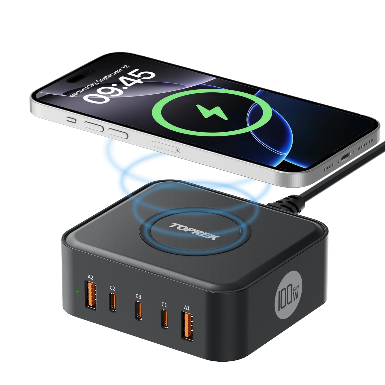ایستگاه شارژ TOPREK 100W GAN، نوار برق شارژر بی‌سیم 15 وات، شارژر سریع 100 وات برای USB-C×3، 60 وات برای USB-A×2، شارژ سریع همزمان 6 دستگاه، سهمه 1متری برای خانه، دفتر کار و سفر 100 وات مشکی