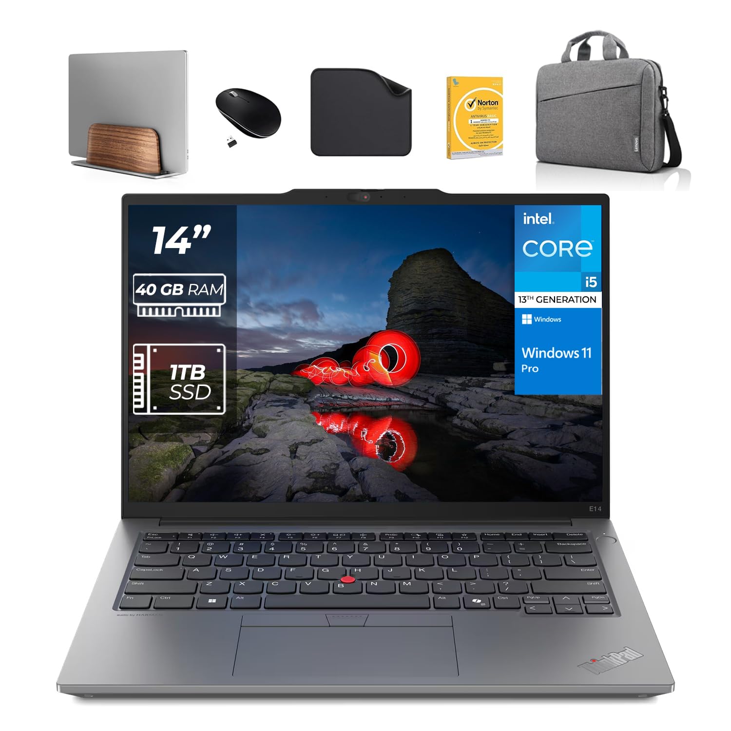 لپ تاپ تجاری لنوو ThinkPad E14 Gen 5 - نسل 13 اینتل i5-13420H، ویندوز ۱۱ پرو (شامل ایستگاه لپ تاپ موج معین + موشواره بی‌سیم + آنتی‌ویروس + پد موش) (40 گیگابایت رم | ۱ ترابایت حافظه جامد)
