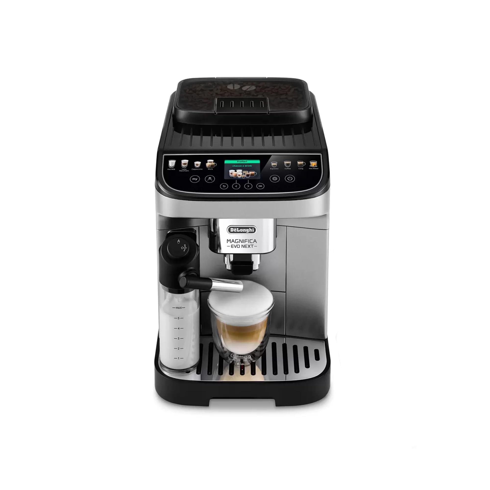ماشین قهوه ساز De'Longhi Magnifica Evo Next Bean To Cup ECAM310.80.SB - ظرفیت آب ۱.۹ لیتر، ۱۳ نوشیدنی قهوه و شیر، صفحه کنترل با ۶ دکمه تاچ نرم رنگارنگ و شفاف، فشار ۱۵ بار