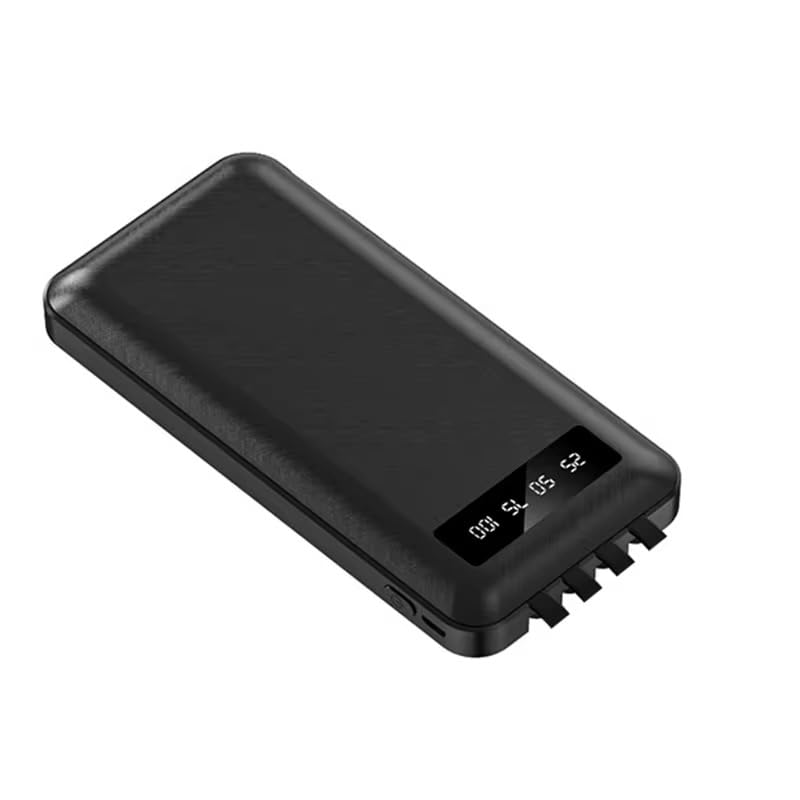 توان بانک 20.000 میلی آمپر با کابل‌های داخلی و استند - شارژر قابل حمل 3 در 1 (USB/Micro-USB/Type-C) برای آیفون، سامسونگ، آیپد - خروجی سریع 5V/2.1A، ابعاد فوق‌العاده جمع و جور 140x68x25 میلی‌متر - رنگ مشکی