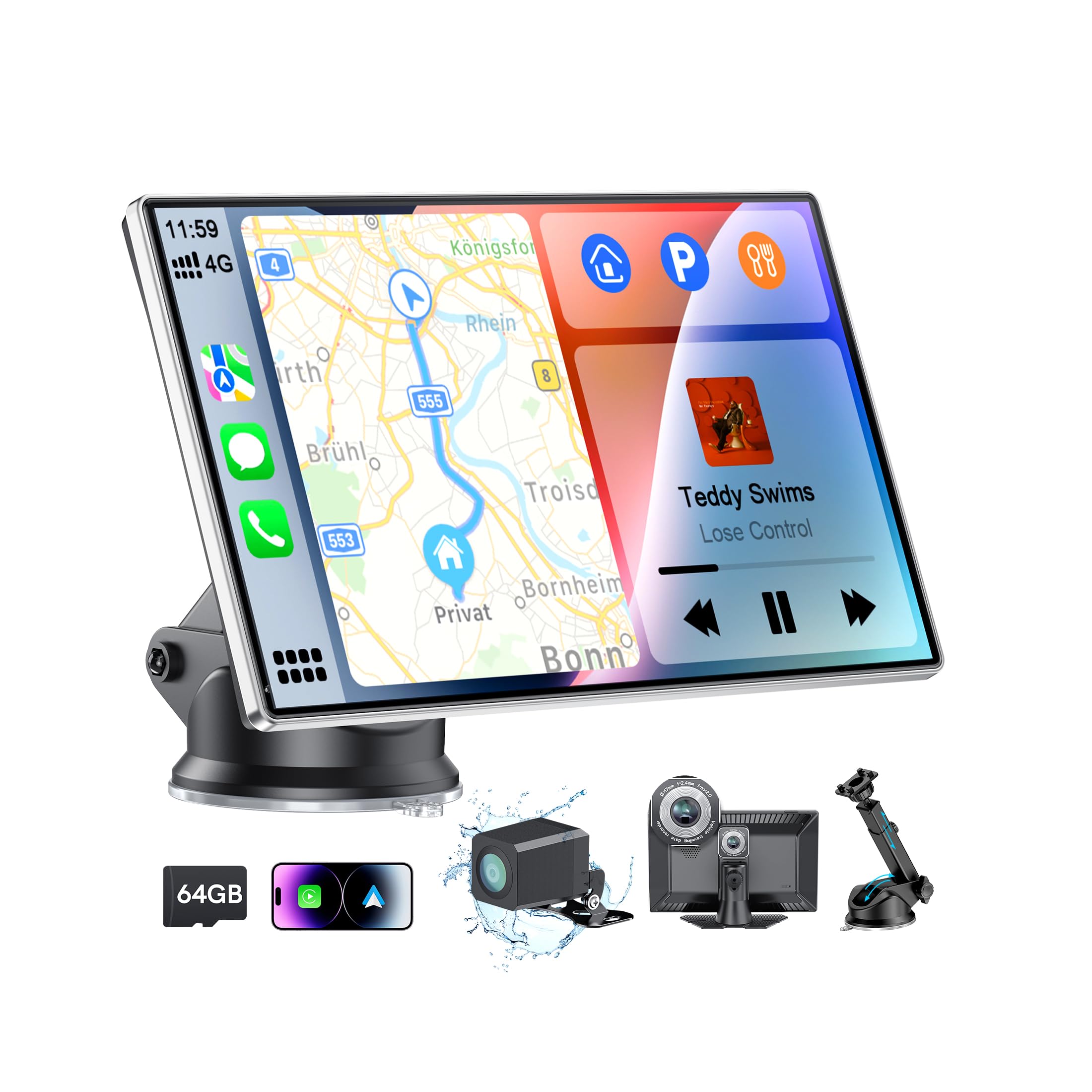 صفحه نمایش قابل حمل 9 اینچی برای خودرو، CooCom UHD سیستم صوتی خودرو با صفحه لمسی با پشتیبانی از Apple CarPlay و Android Auto، دوربین 4K Dash، دوربین پشتی 1080P، ارتباط آینه، کنترل صوتی، بلوتوث 5.3، GPS، FM