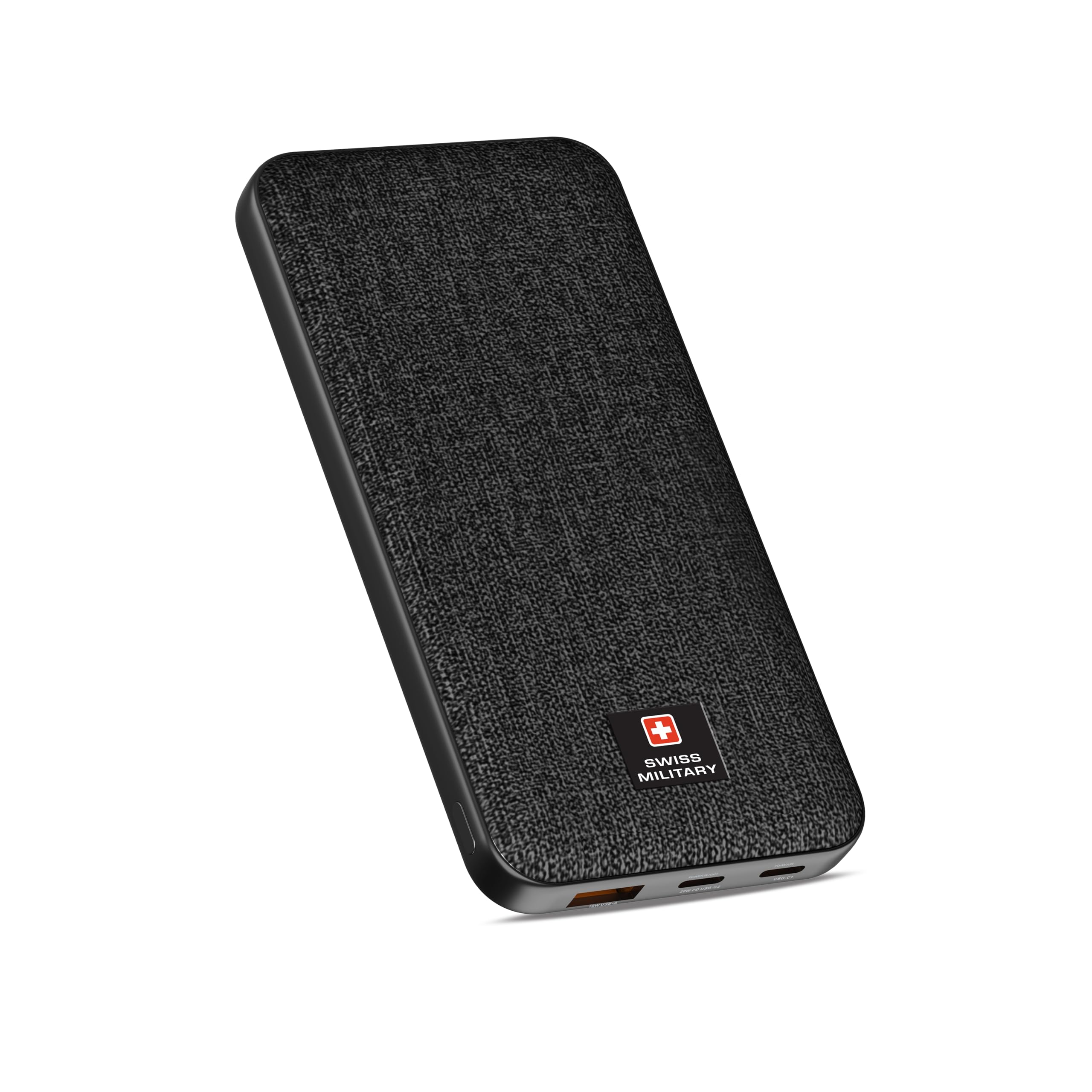 پاور بانک نازک 10000mAh سوئیسی مدل Swiss Military (کابل همراه) - شارژ سریع 20 وات PD، پورت‌های USB-C و USB-A، نشانگر LED، محافظت در برابر بار اضافی برای آیفون، سامسونگ، آیپد، تبلت‌های اندروید - رنگ مشکی