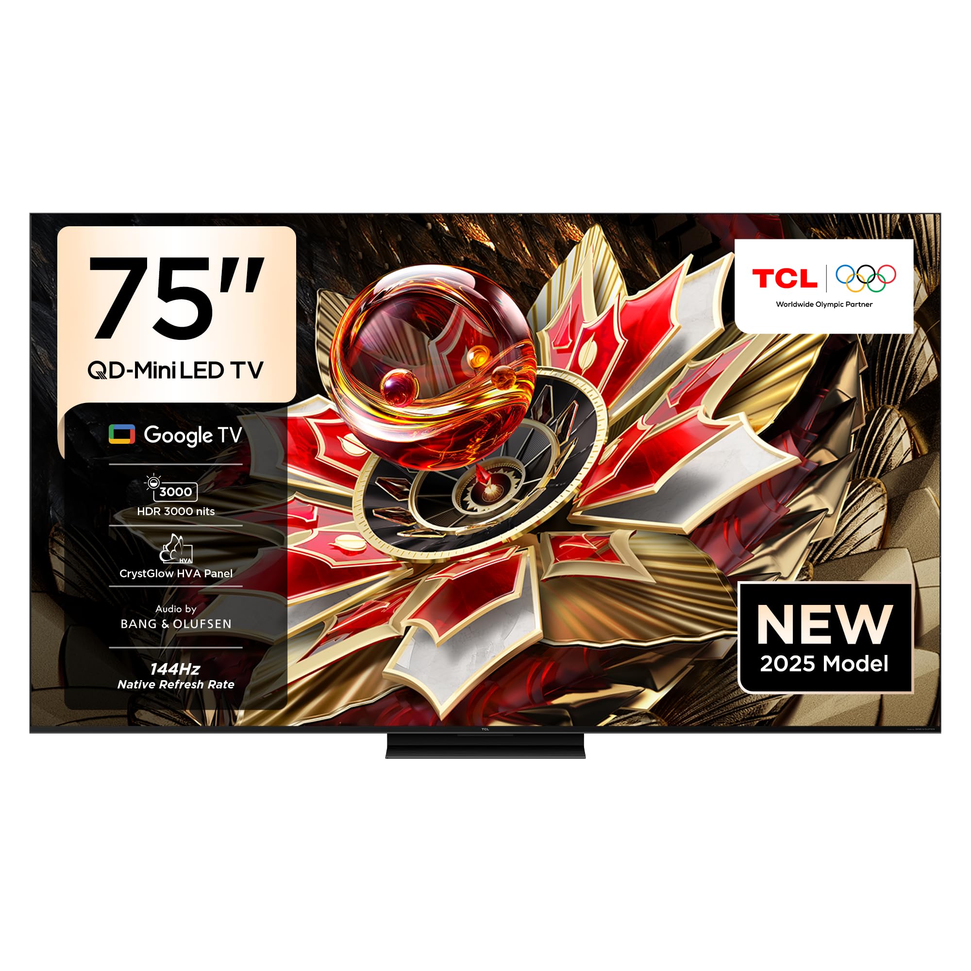 تلویزیون TCL 75Q7C اینچ، تلویزیون هوشمند 75 اینچی 4K با فناوری QD-Mini LED، کریستال کوانتوم رنگارنگ HDR 3000 نیت، بازی Google TV، نرخ تازه‌سازی اصلی 144Hz، صدای Bang & Olufsen، Dolby Atmos، Game Master (مدل 2025) 75 اینچ QD Mini Led سری 4K Q7C