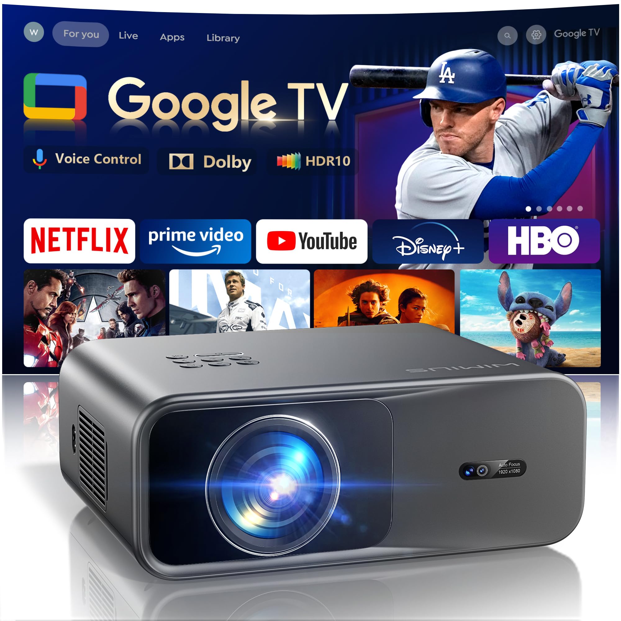 پرژکتور ۴K با کیفیت 【رسمی Google TV/Netflix/Disney و صدای Dolby Audio】 1000 ANSI پرژکتور هوشمند 4K قابل حمل با فناوری HDR10، فوکوس خودکار/کی‌استون، کنترل V، پروژکتورهای خارجی با وای فای و بلوتوث برای اتاق خواب/سینما خانگی/HDMI ARC