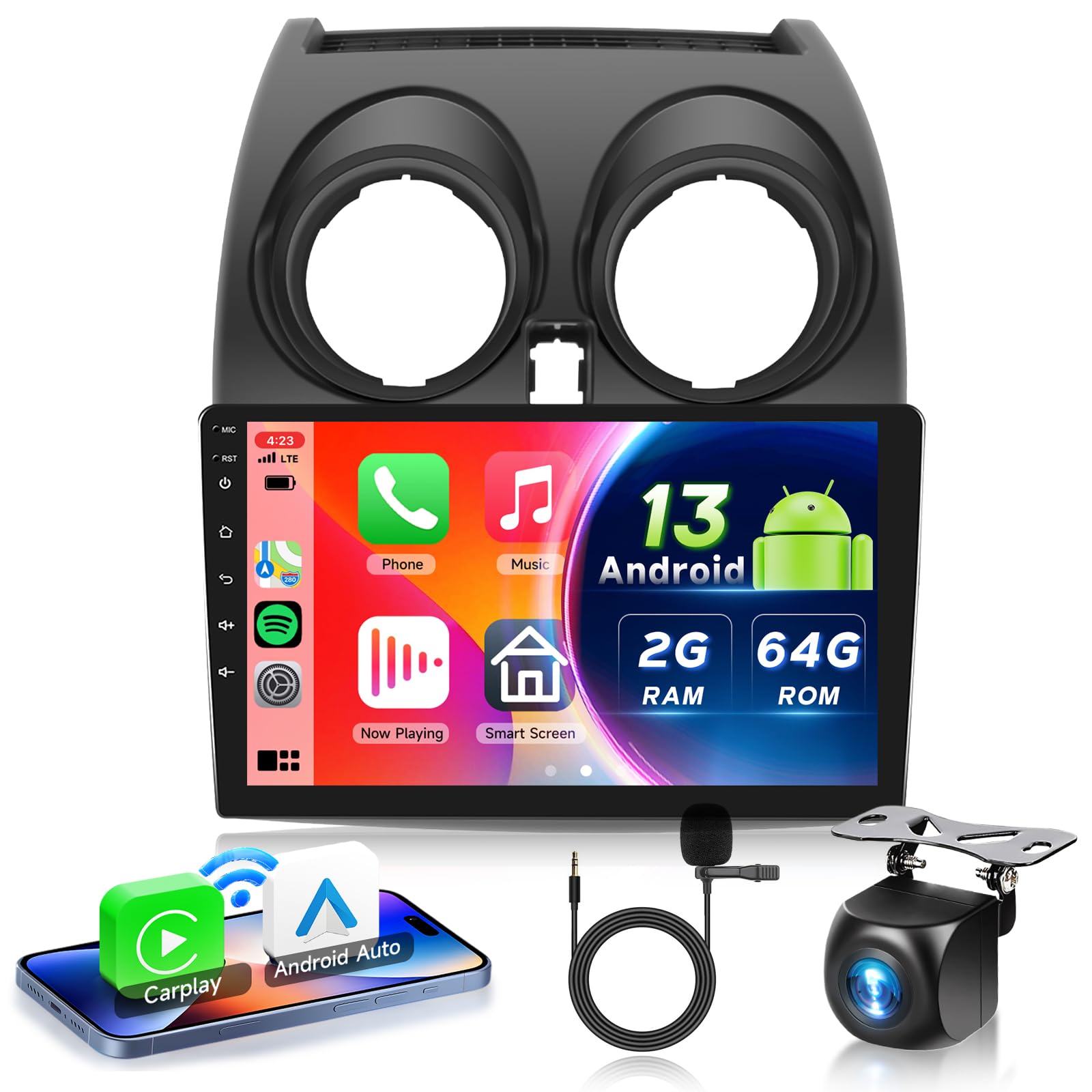 سیستم صوتی اتومبیل 64 گیگابایتی با فناوری 2G اندروید 13 برای نیسان روگ و کاشقای 2006-2016 با پشتیبانی از وایرلس Carplay اندروید اتو، دوربین عقب/فلش خور/بلوتوث/وای فای/GPS، صفحه لمسی 9 اینچی، رادیو