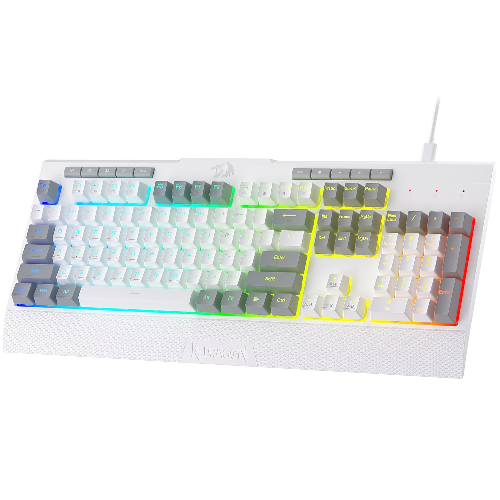 صفحه کلید بازی Membrane با نور پس زمینه RGB Redragon K525 با کلیدهای چندرسانه‌ای، سوییچ مکانیکی خطی، 4 کلید ماکرو اضافی On-Board، کنترل چندرسانه‌ای اختصاصی، استراحت مچ دست جداپذیر، 104 کلیدهای سفید Lite