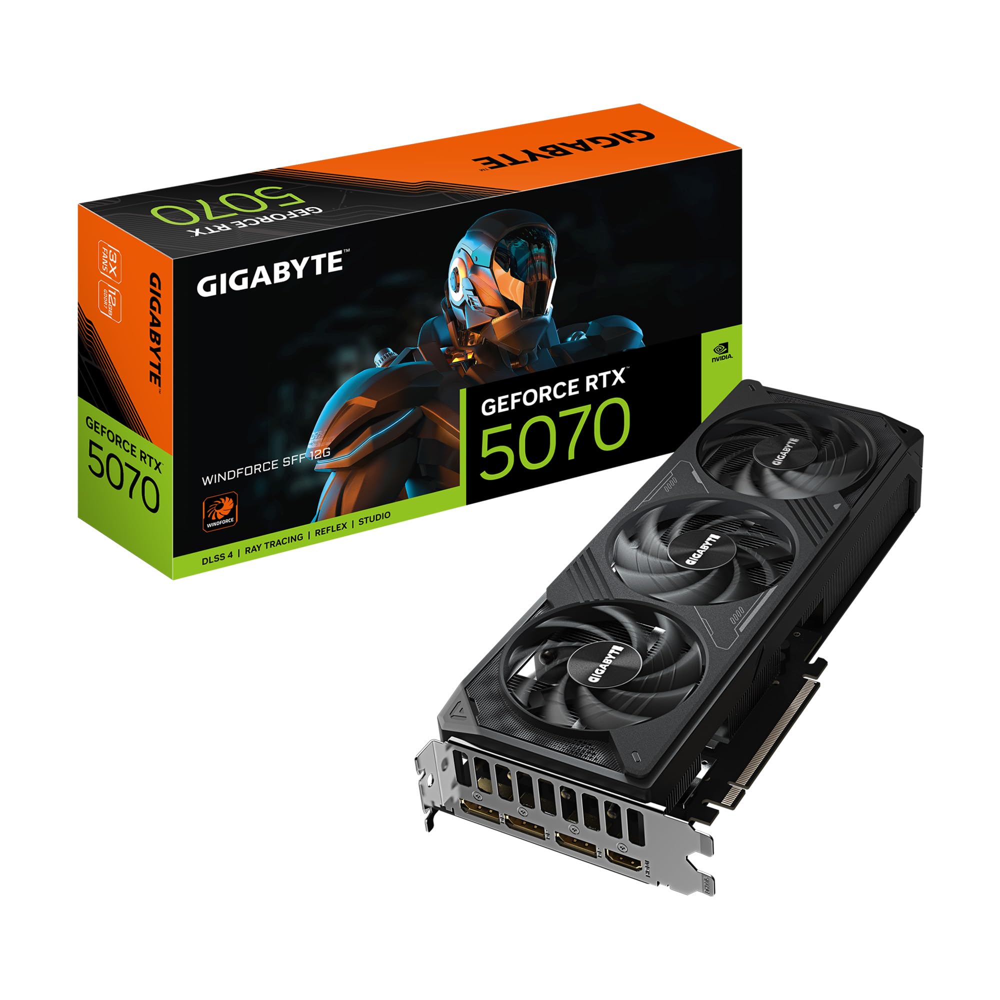 کارت گرافیک گیگابایت GeForce RTX 5070 WINDFORCE SFF ۱۲G، حافظه ۱۲ گیگابایت با رابط ۲۵۶-بیت GDDR7، PCIe 5.0، سیستم خنک‌کننده WINDFORCE، GV-N5070WF3-12GD کارت ویدیو