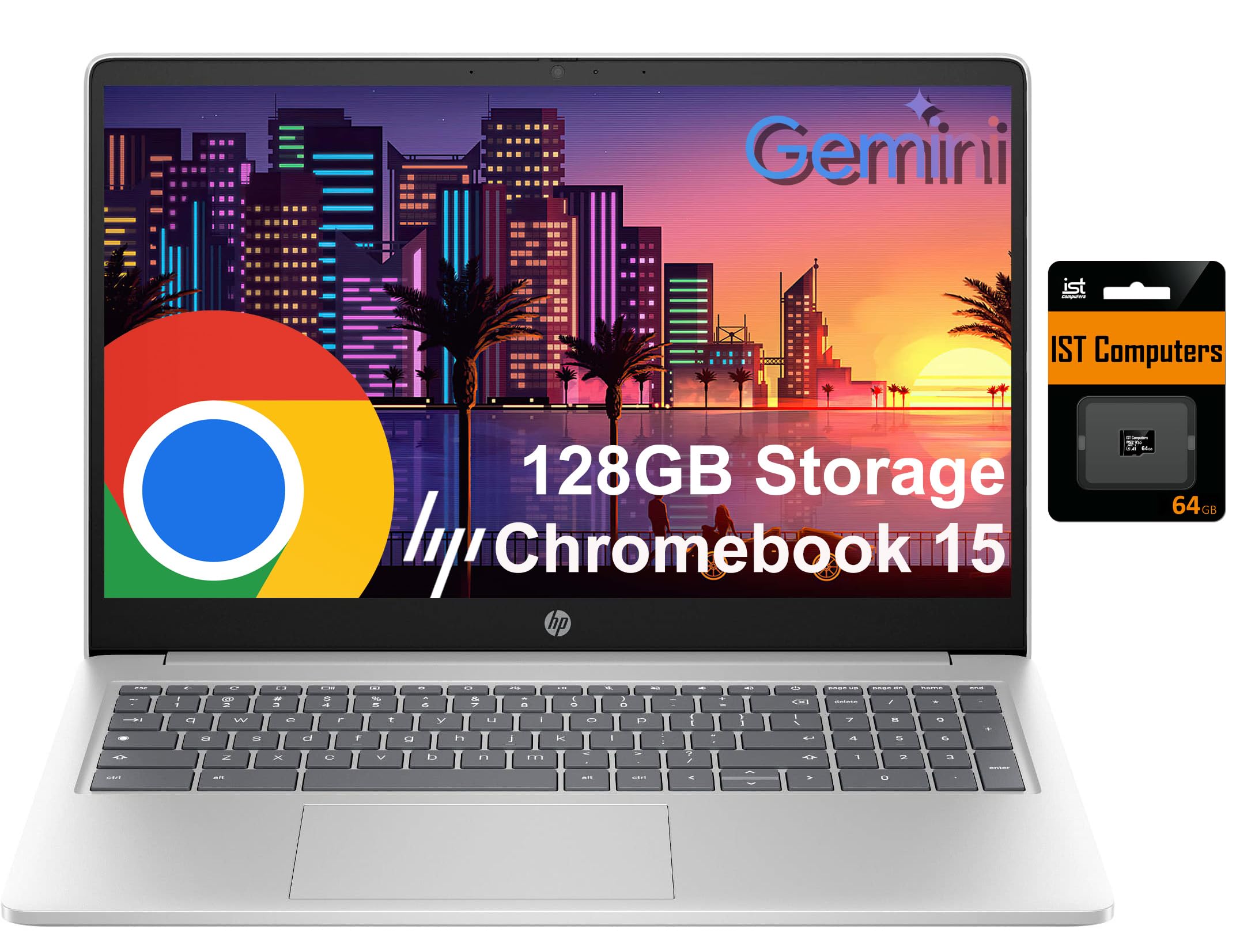 لپ تاپ HP Chromebook 15 (15.6" ضد بازتاب, اینتل N200 (بیش از i3-1115G4), 8GB RAM DDR5, حافظه 128GB (64GB eMMC + کارت SD 64GB), صفحه کلید عددی) برای خانه و دانشجو, وب کم با درپوش, Wi-Fi, سیستم عامل Chrome, رنگ نقره ای