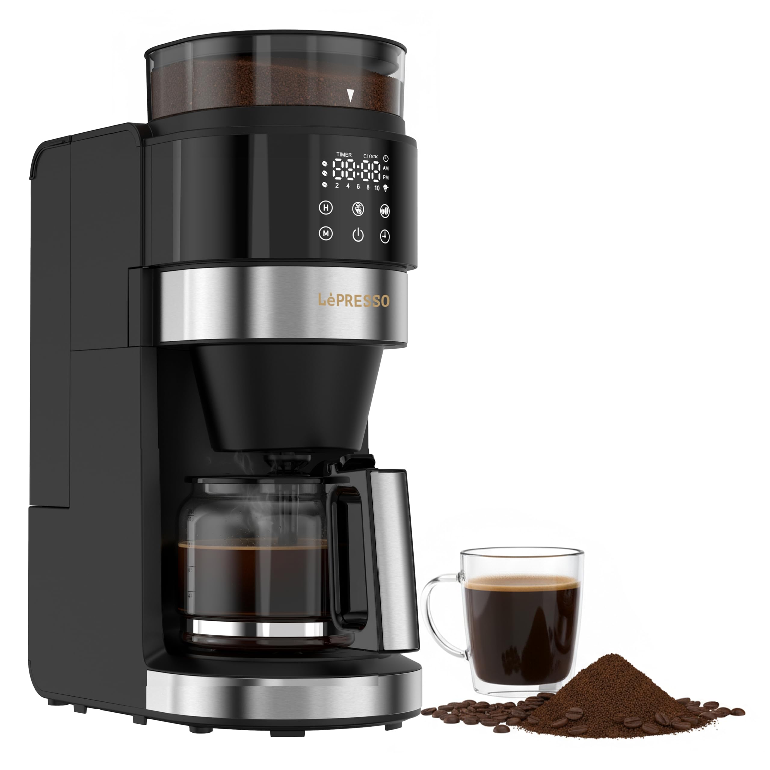 ماشین قهوه LePresso با آسیاب بر داخلی، مخزن آب 1.35 لیتری، فیلتر قابل استفاده مجدد و صفحه گرم کن، دستگاه قهوه گرم برای قهوه زمین تازه، پنل کنترل دیجیتال، استیل ضد زنگ الماسه LP043