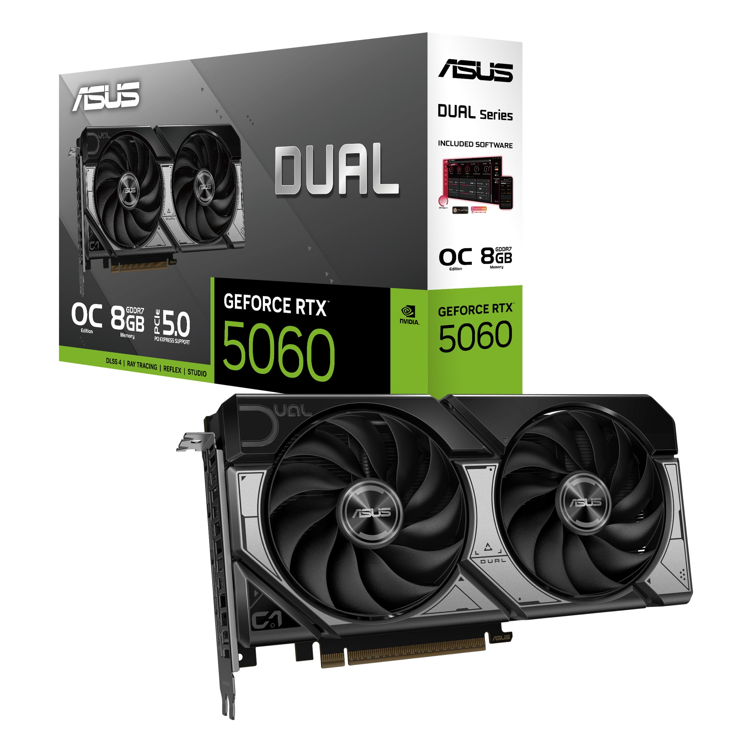 ASUS Dual GeForce RTX 5060 OC 8G GDDR7 کارت گرافیک گیمینگ - PCIe 5.0، فرکانس بوست 2565 مگاهرتز، DLSS 4، HDMI 2.1b، DisplayPort 2.1b، دو و نیم اسلات، طراحی فن Axial-tech، فناوری 0dB، پشت‌بند تهویه‌دار