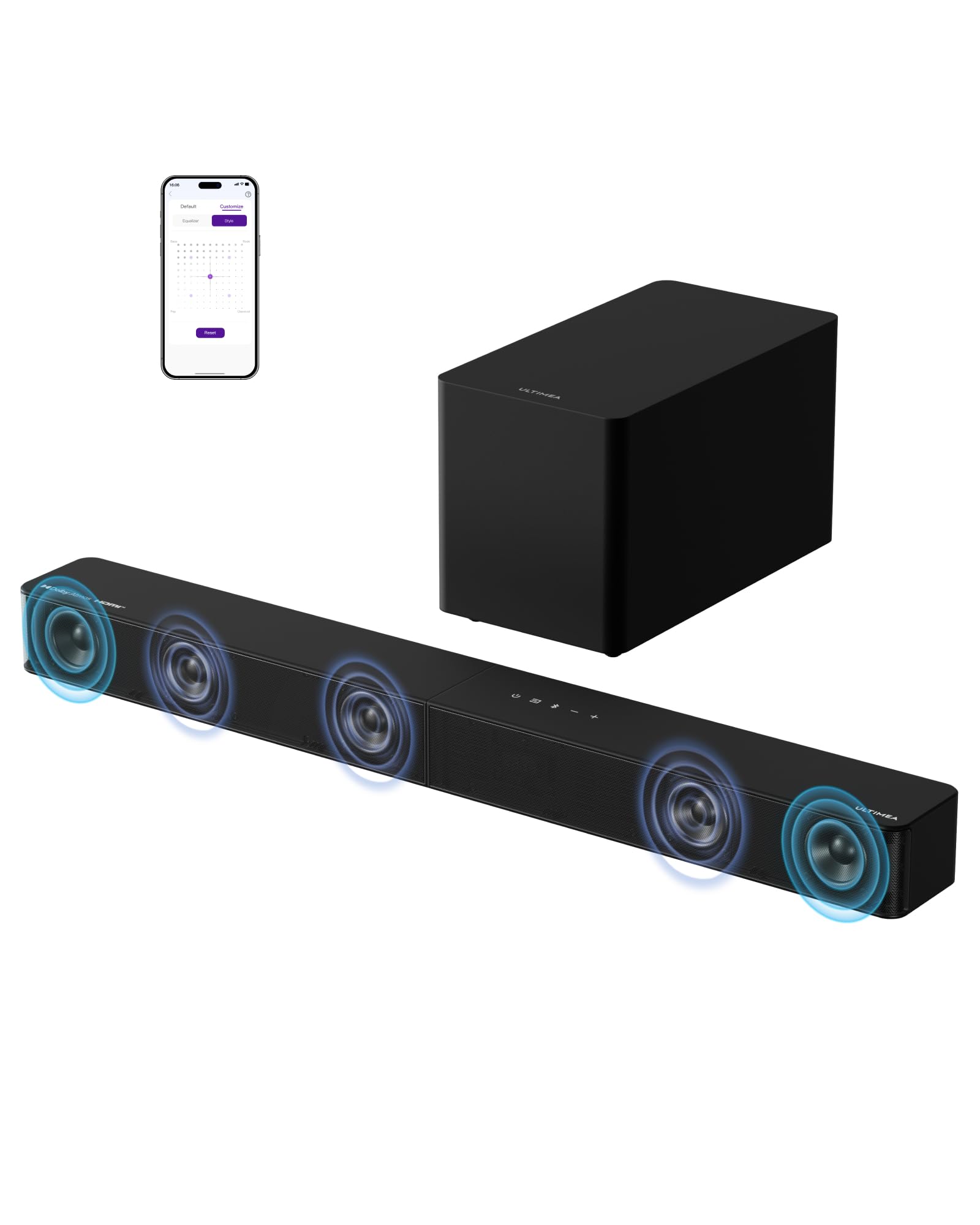 نرم افزار صوتی ULTIMEA 5.1CH Dolby Atmos برای تلویزیون، سیستم تئاتر خانگی 340 وات با زیر ووفر، صدای Hi-Fi Home Audio Soundbar، VoiceMX، BassMX، کنترل اپلیکیشن، بلوتوث 5.4، پوزیدون M60 Boom (مدل 2025) U3722