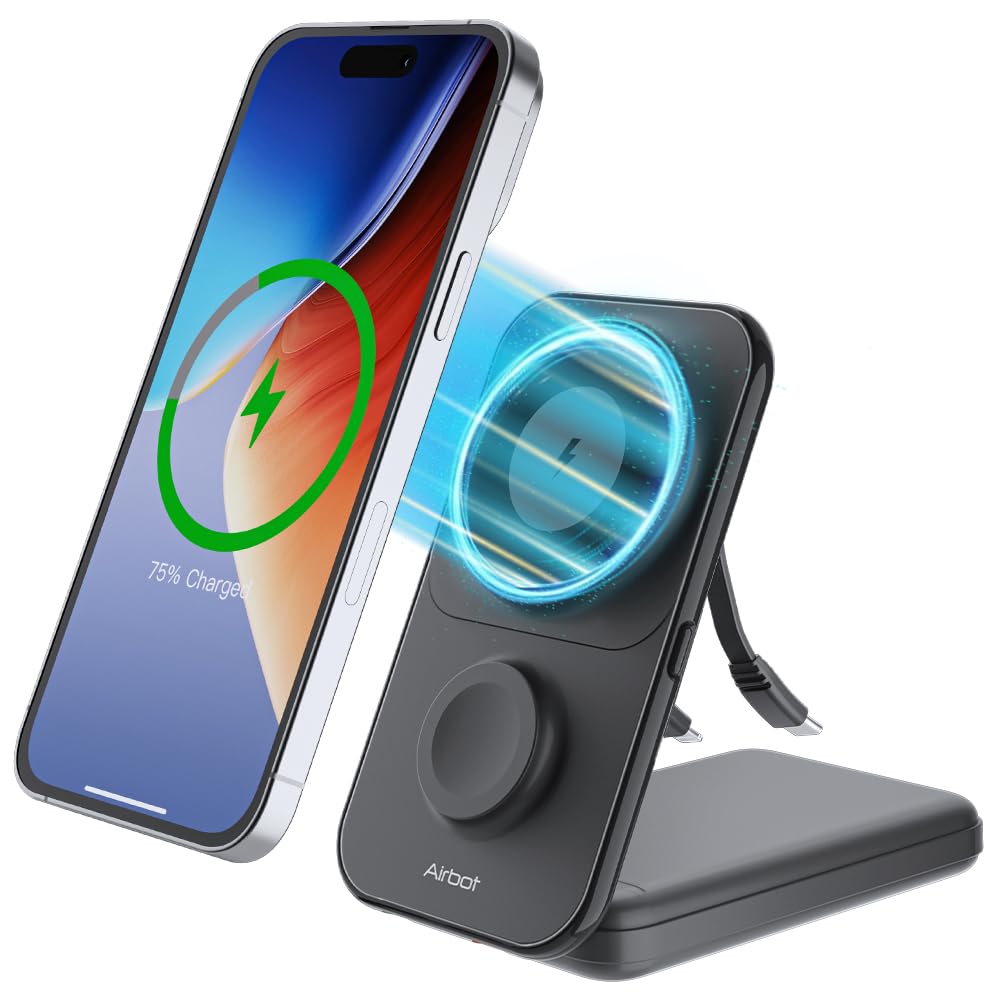 پاور بانک مغناطیسی 3 در 1 Airbot با ظرفیت 8000 میلی آمپر ساعت، شارژر بی‌سیم مغناطیسی قابل تاشو 15 وات برای چندین دستگاه، شارژر سریع سازگار با مگ‌سیف برای آیفون ۱۶/۱۵/۱۴/۱۳/۱۲، اپل واچ، ایرپاد