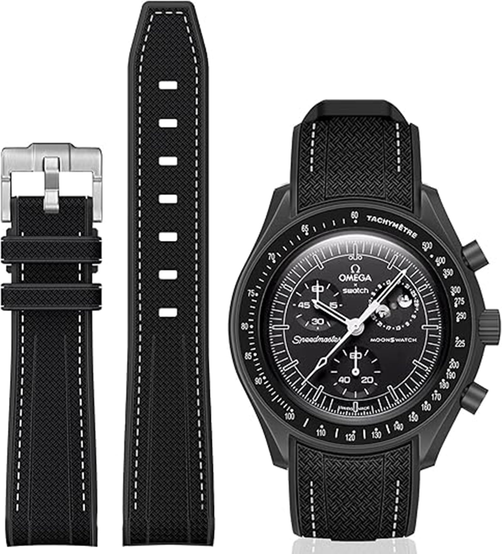 بندها برای ساعت Moonswatch، بند نیم‌دایره‌ای سیلیکونی سازگار با ساعت اومگا X Swatch 20 میلیمتر و بند جایگزین ساعت اومگا Moonswatch Speedmaster مردانه با خط سفید و سیاه