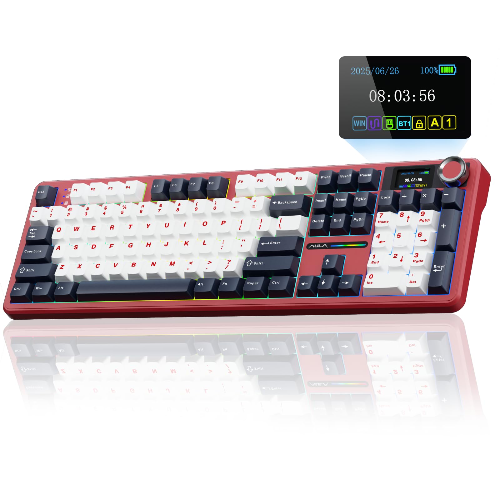 صفحه کلید مکانیکی بی‌سیم AULA F108 PRO با صفحه نمایش و دیسک گردان، صفحه کلید بازی قابل تعویض با باتری ۸۰۰۰mAh، سوئیچ‌های قبل از روغن‌زنی، نورپردازی RGB، کلاوهای PBT با صدای کرم، صفحه کلید‌های کامپیوتر ۱۰۴ کلیده ابی و قرمز