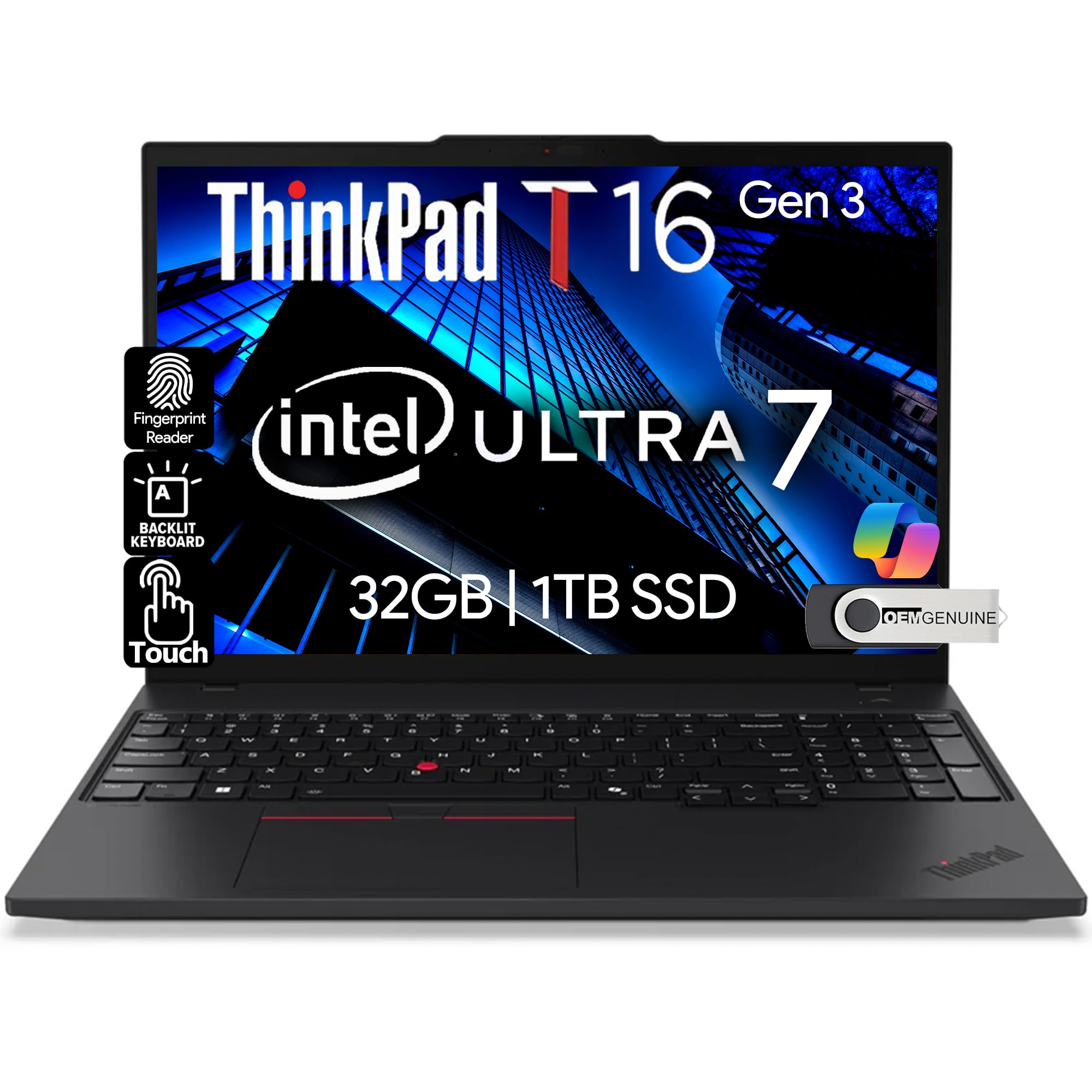 لپ تاپ تجاری لنوو ThinkPad T16 Gen 3 با صفحه نمایش 16 اینچی FHD+, پردازنده یکپارچه اولترا 7-155U (قدرت یک i7-1355U)، 32 گیگابایت حافظه RAM DDR5، 1 ترابایت حافظه داخلی SSD، وبکم 5 مگاپیکسل، WiFi 6E + بلوتوث، پورت RJ-45، HDMI، ویندوز 11 پرو، هوش مصنوعی همراه - مشکی (ارتقا یافته) 32 گیگابایت DDR5 | 1 ترابایت SSD پردازنده اولترا 7-155U اینتل