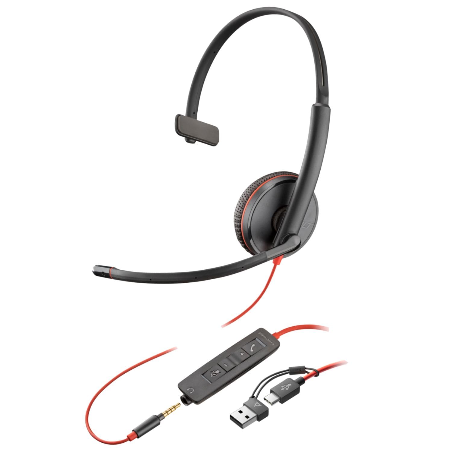 هدست USB-C مونوژورال Poly Blackwire 3215، هدست Over-Ear USB-A HS مطابق با استانداردهای TAA، سوپرا-اورال، دارای پلاگ 3.5 میلی‌متر، هدست مونوژورال مدل Black 3215