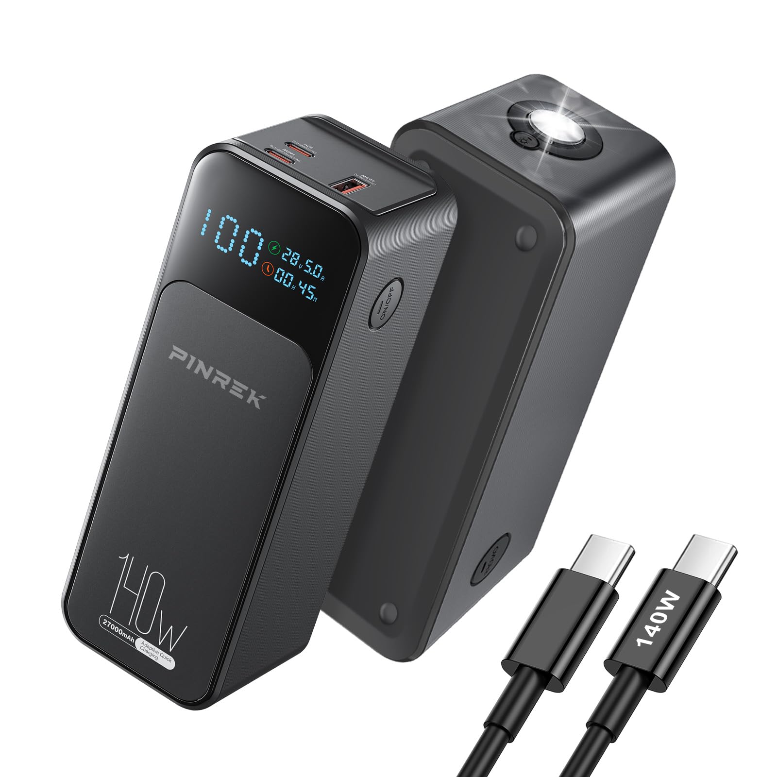 پاور بانک PINREK 27000mAh ، شارژ سریع PD 140W پاور بانک قابل حمل با 2 پورت USB-C و 1 پورت USB-A ، باتری پک قابل استفاده برای لپ تاپ Macbook ، گالکسی S25/S24 / S23 ، آیفون 16/15/14/13 سری 140W-27000mAh