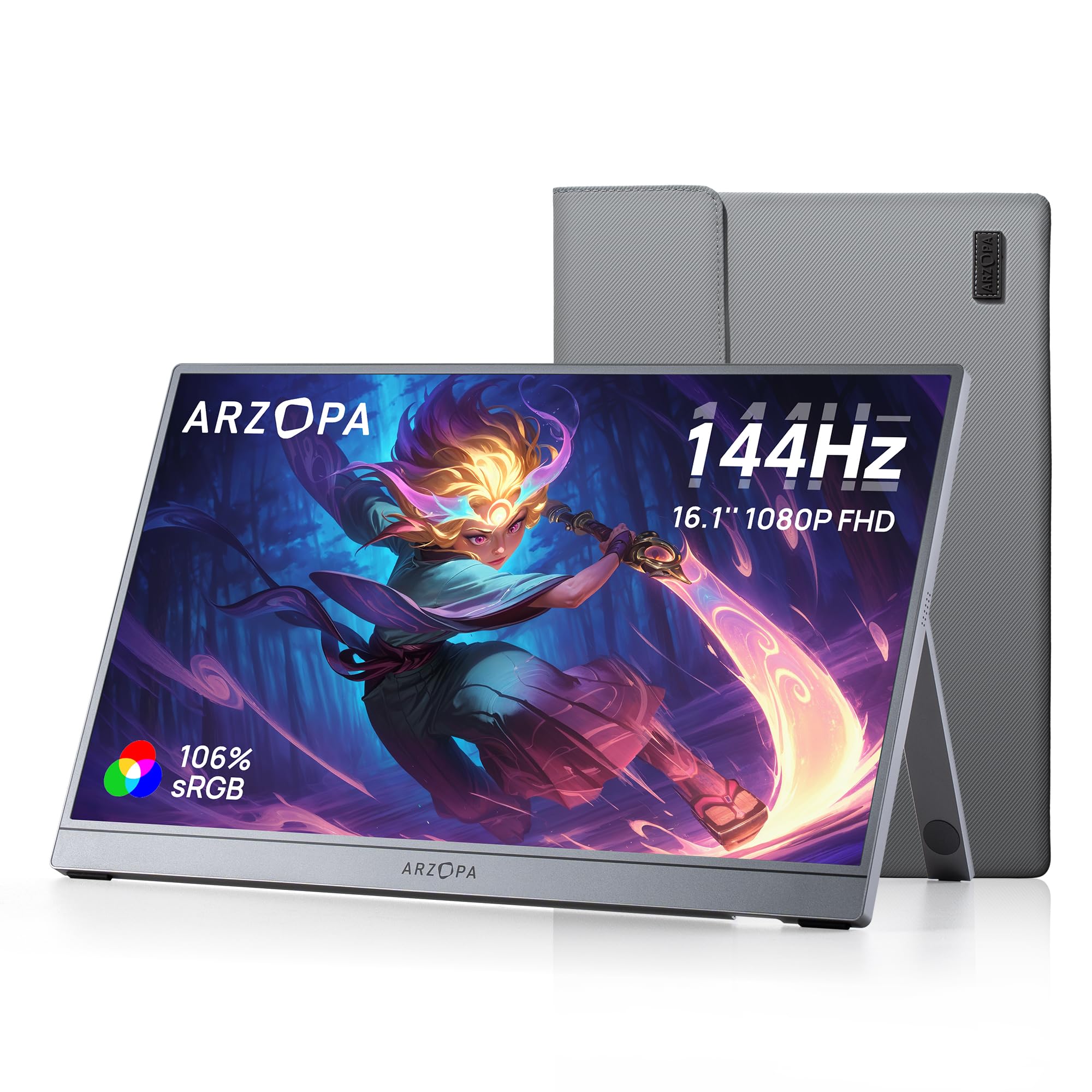 مانیتور بازی قابل حمل ARZOPA 16.1 اینچ با نرخ تازه‌سازی 144Hz، 106٪ sRGB 1080P FHD با پایه‌ی قابل تنظیم، مانیتور قابل حمل با HDR، باریک و سبک، مراقبت از چشم، صفحه‌ی دوم خارجی برای لپتاپ، کامپیوتر شخصی، پلی‌استیشن 5، مک، ایکس باکس - رنگ خاکستری Z1FC 16.1 اینچ Z1FC خاکستری / 144Hz