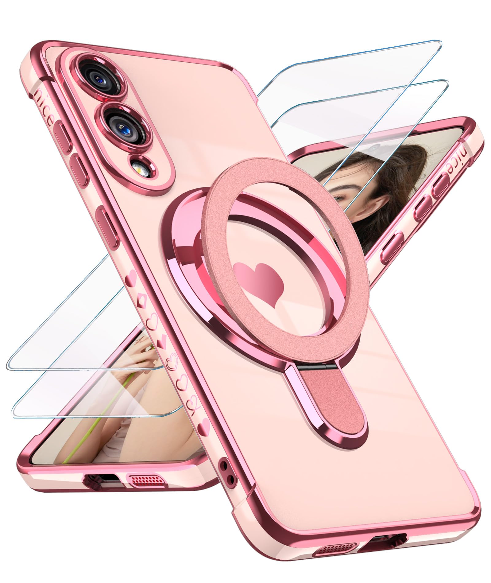 مورد Samsung Galaxy S25 Edge Case با محافظ صفحه نمایش شیشه ای: موردی با استیل طلا و الگوی قلب عشق، دارای پایه‌ی باز شو، محافظ TPU نرم و ضد شوک با پوشش دوربین کامل (صورتی) گوشی Samsung Galaxy S25 EDGE 2025 صورتی