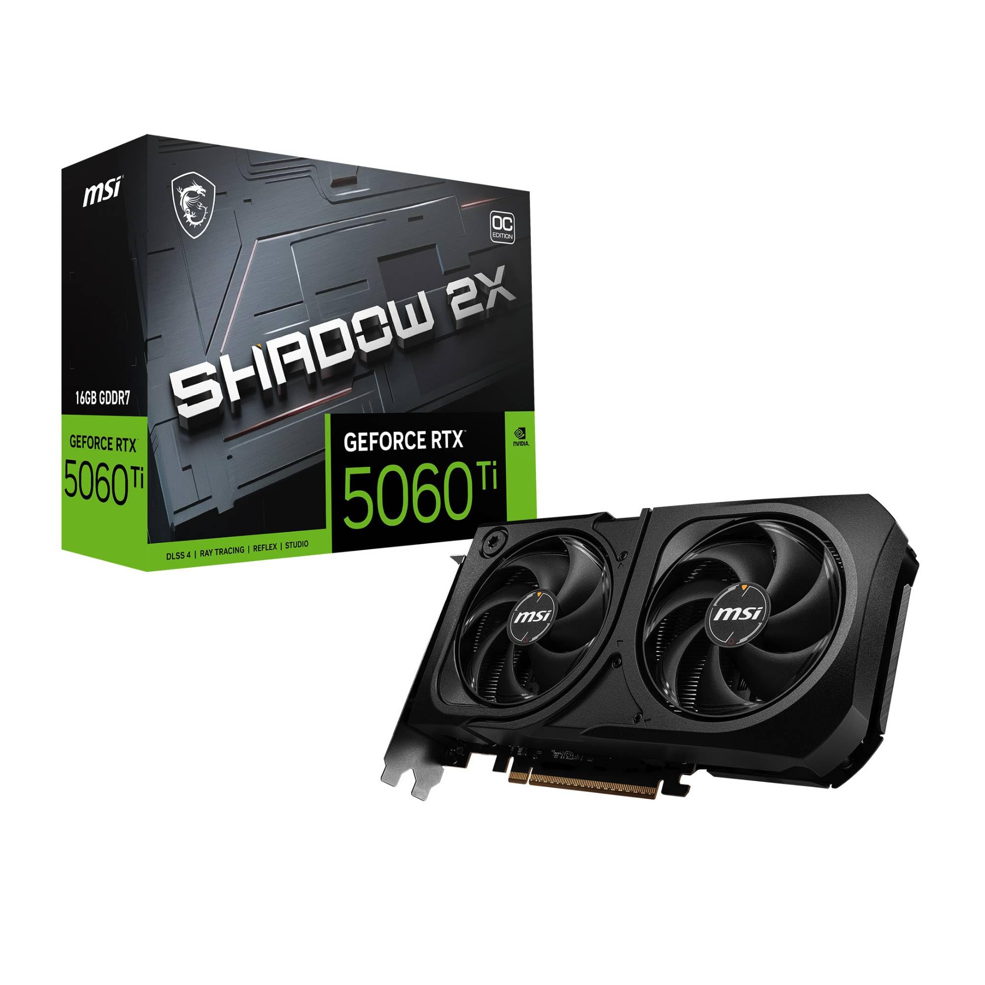 کارت گرافیک MSI GeForce RTX 5060 Ti 16G SHADOW 2X OC PLUS - GPU RTX 5060 Ti، 16GB GDDR7 (28Gbps/128-bit)، PCIe 5.0 - طراحی حرارتی دو فنه (2 عدد فن STORMFORCE) - HDMI 2.1b، DisplayPort 2.1b