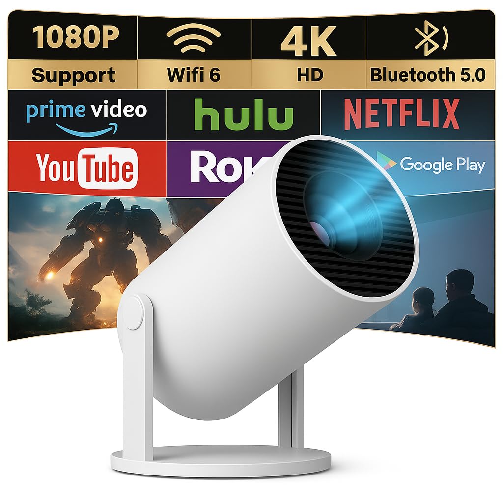 پروژکتور کوچک با وای فای 6 و بلوتوث 5.4، پشتیبانی از 4K 1080P، پروژکتور هوشمند قابل حمل با ریموت موشن، نمایش 40-200 اینچ، طراحی قابل چرخش 180 درجه، پروژکتور فیلم خانگی و فضای باز برای HDMI/USB/تلفن همراه - رنگ سفید-پرو+