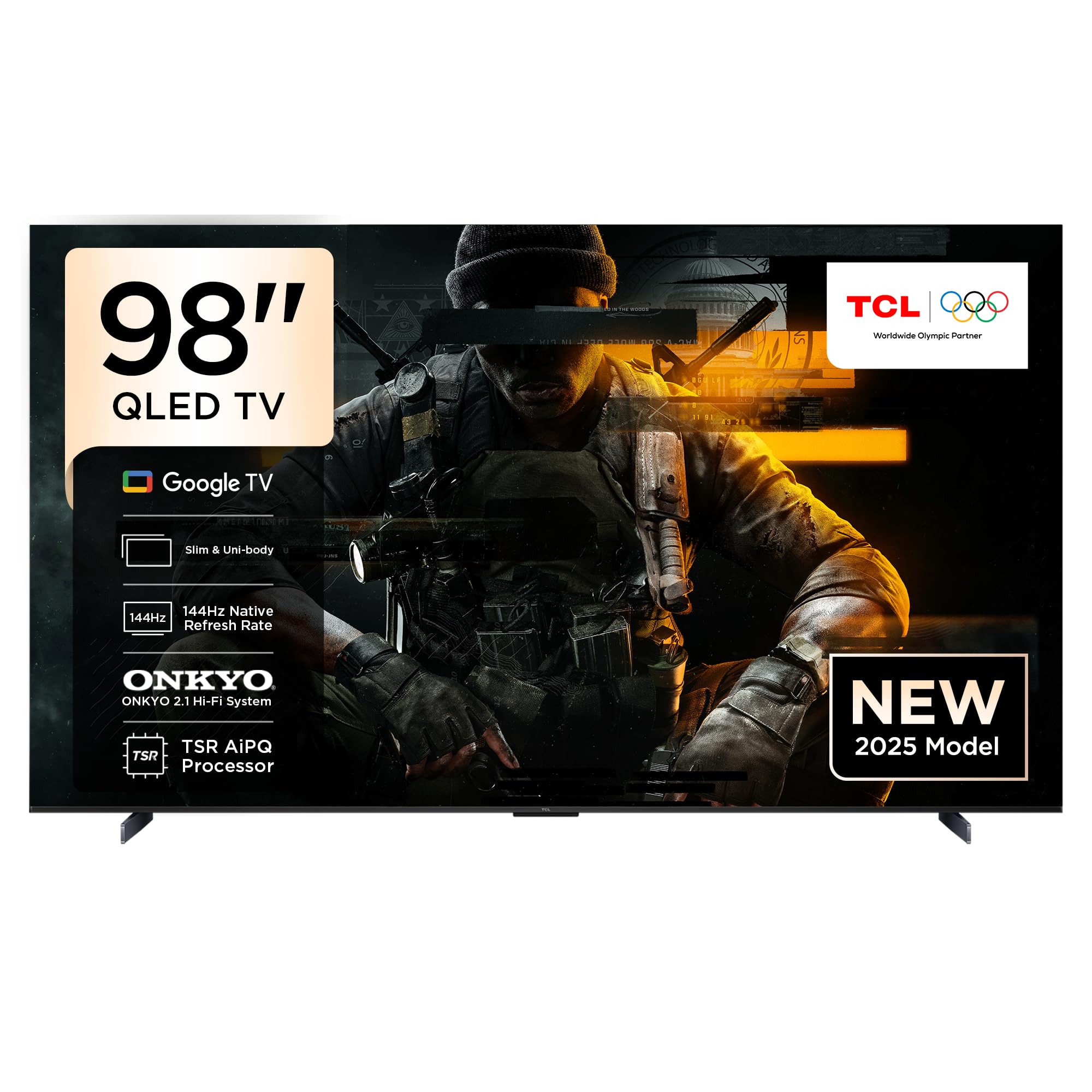 تلویزیون TCL 98P8K، تلویزیون هوشمند 98 اینچی با صفحه نمایش 4K QLED، کریستال کوانتوم رنگارنگ با فناوری HDR 10+، Google TV برای بازی، نرخ تازه‌سازی طبیعی 144Hz، سیستم صوتی ONKYO 2.1 Hi-Fi، Dolby Atmos، DTS Virtual X، MEMC، Game Master (مدل 2025) با صفحه نمایش 98 اینچی QLED، سری 4K P8K با نرخ تازه‌سازی 144Hz.