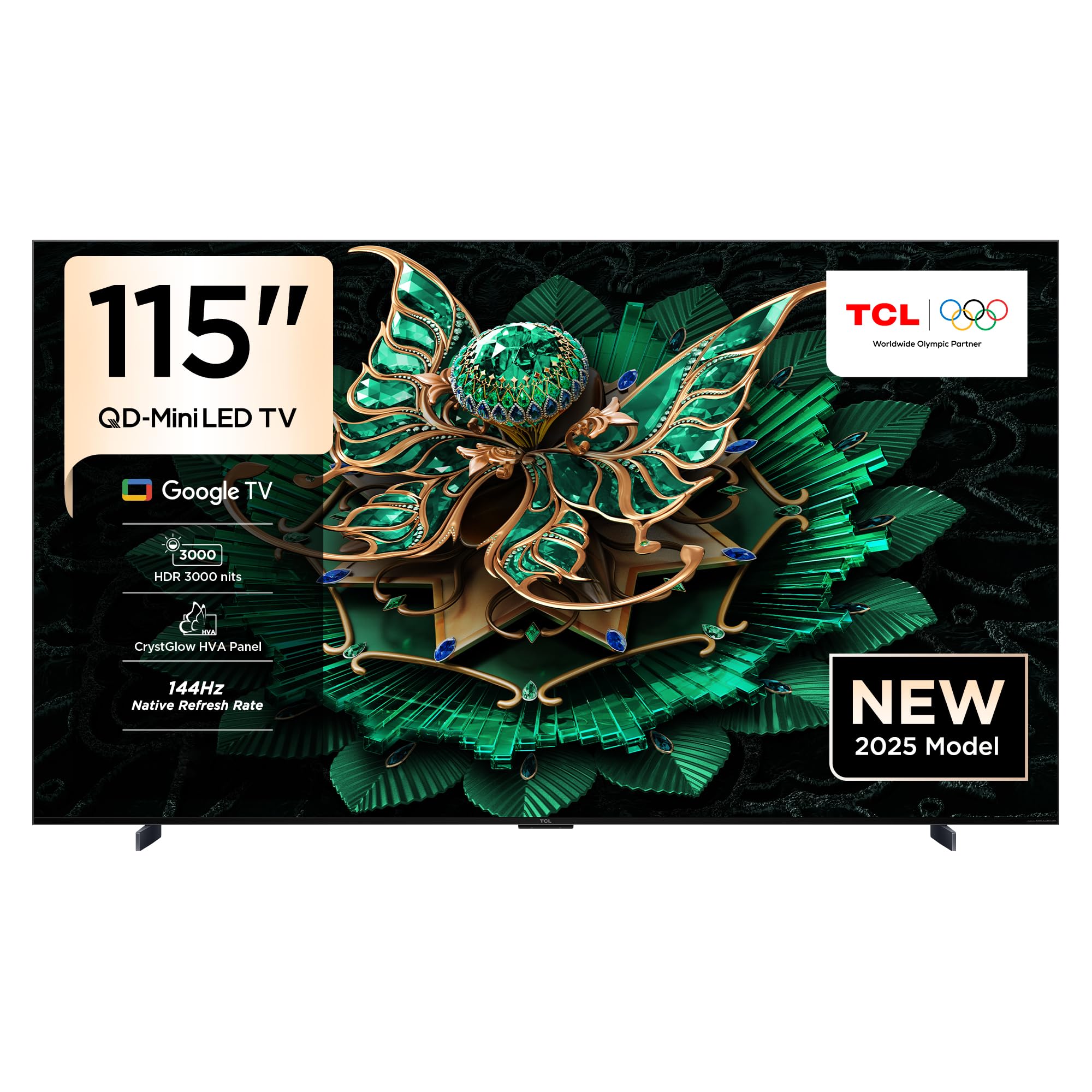 تلویزیون TCL 115C7K با ابعاد 115 اینچ، تلویزیون هوشمند 4K QD-Mini LED با کریستال کوانتوم رنگارنگ HDR 3000 نیت بازی، تلویزیون گوگل، نرخ تازه‌سازی طبیعی 144Hz، سیستم صوتی ONKYO 4.2.2CH Hi-Fi، Dolby Atmos، گیم مستر (مدل 2025) از سری 115 اینچ QD Mini Led 4K C7K.