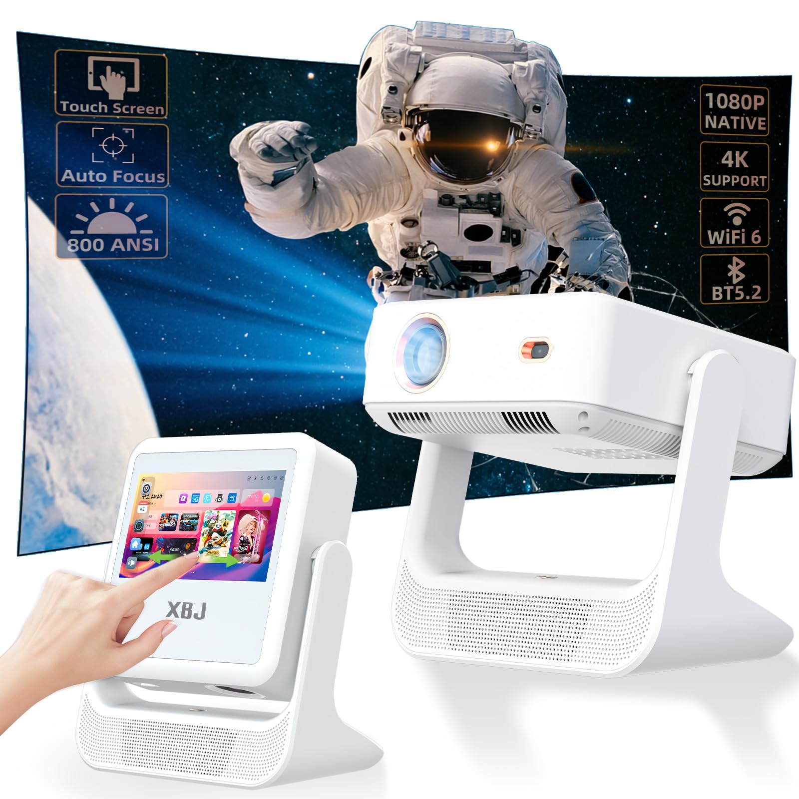 پروژکتور هوشمند XBJ A2PRO با رزولوشن 1080P طبیعی، فوکوس خودکار و کی‌استون، صفحه لمسی - پروژکتور قابل حمل با وای فای و بلوتوث، 800 ANSI، پشتیبانی از پخش فیلم 4K برای استفاده در فضای باز/سرپوشیده/اسمارتفون/لپتاپ