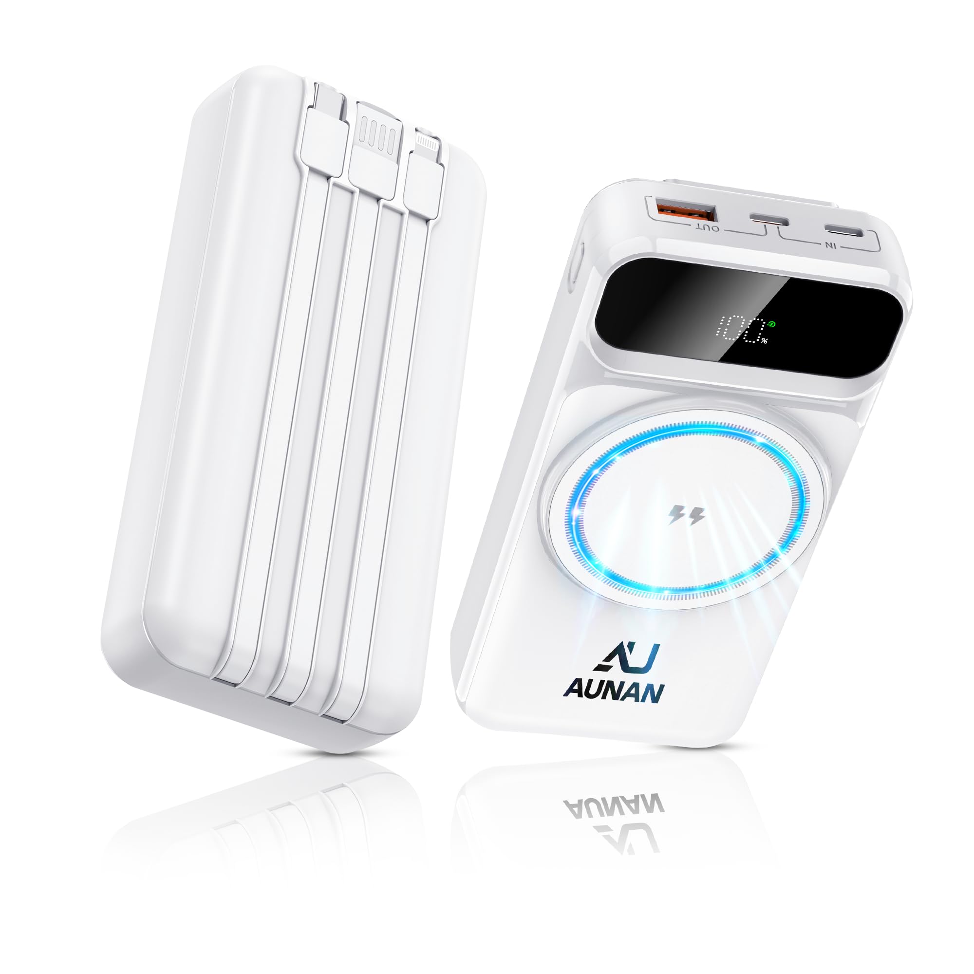 توان بانک مغناطیسی AUNAN با ظرفیت 20000mAh، شارژر قابل حمل با شارژ سریع 22.5 وات، شارژر بی‌سیم با 4 کابل داخلی، نمایشگر LCD، برای آیفون 16 پرو مکس/15/14 پرو مکس، اندروید، تبلت‌ها و موارد دیگر، رنگ سفید