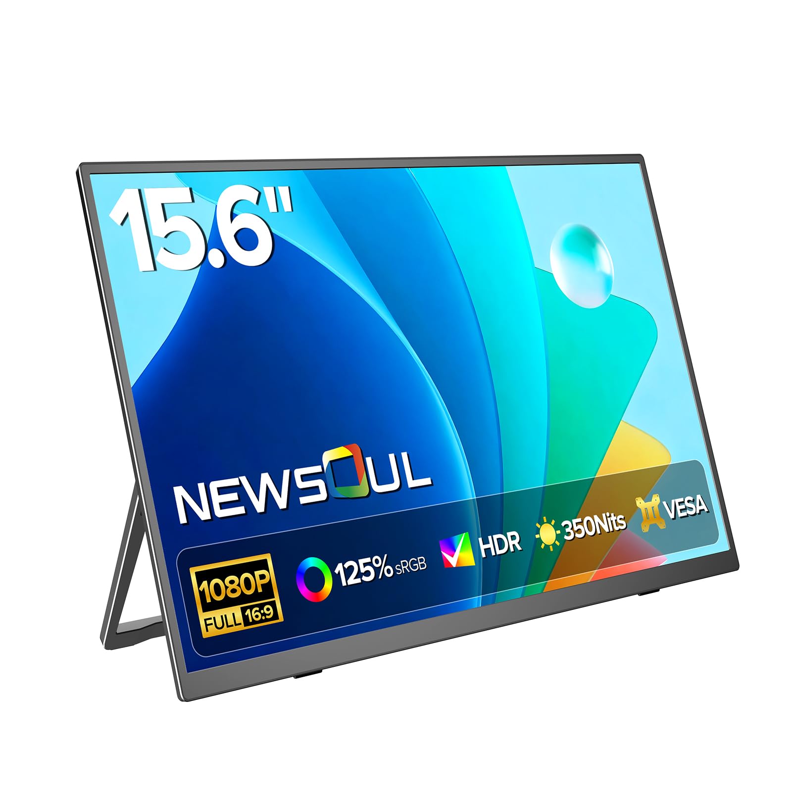 مانیتور قابل حمل Newsoul 15.6 اینچ، مانیتور لپ تاپ 125٪ sRGB با استند تنظیم‌شده 0-180 درجه | بلندگو | VESA، پورت HDMI USB-C Plug&Play، صفحه نمایش فوق‌العاده نازک برای گوشی هوشمند و کنسول بازی