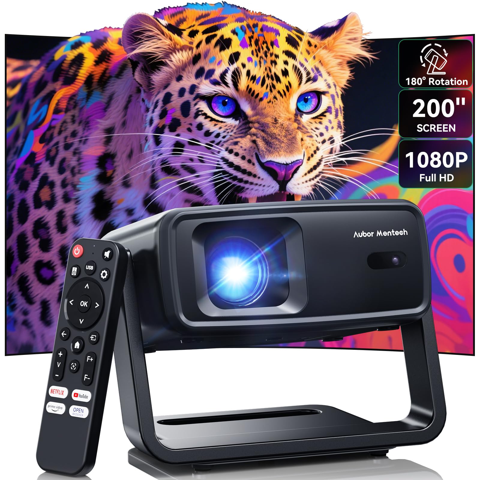 پروژکتور با وای فای و بلوتوث، پشتیبانی از رمزگشایی پروژکتور 4K، 1200 ANSI 180 درجه چرخشی با رزولوشن اصلی 1080P، کی استون خودکار، پرتابل و هوشمند برای استفاده در فضای باز خانگی