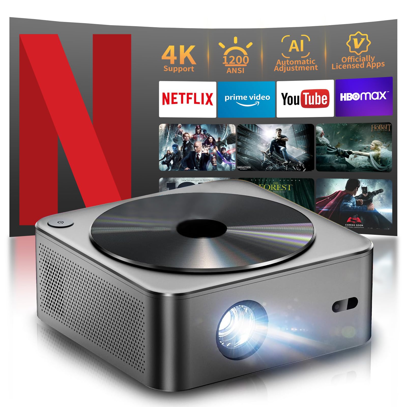 پروژکتور-4K [1200 ANSI / Netflix Officially Licensed] پروژکتور هوشمند با وای فای6 و بلوتوث، صدای استریو 3 بعدی و فوکوس خودکار هوش مصنوعی، پروژکتور فیلم خانگی، نمایش 300 اینچی حداکثر K8