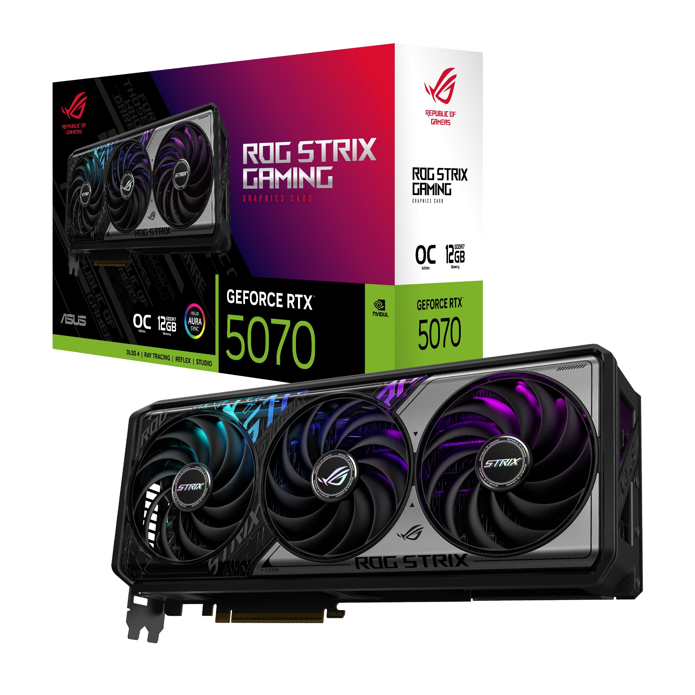 کارت گرافیک ASUS ROG Strix GeForce RTX™ 5070 نسخه OC 12GB GDDR7 (PCIe® 5.0، 12GB GDDR7، HDMI®/DP 2.1، پهنای 3.2 اسلات، فن‌های Axial-tech، طراحی MaxContact، پد حرارتی تغییر فاز برای GPU، همگام‌سازی Aura)