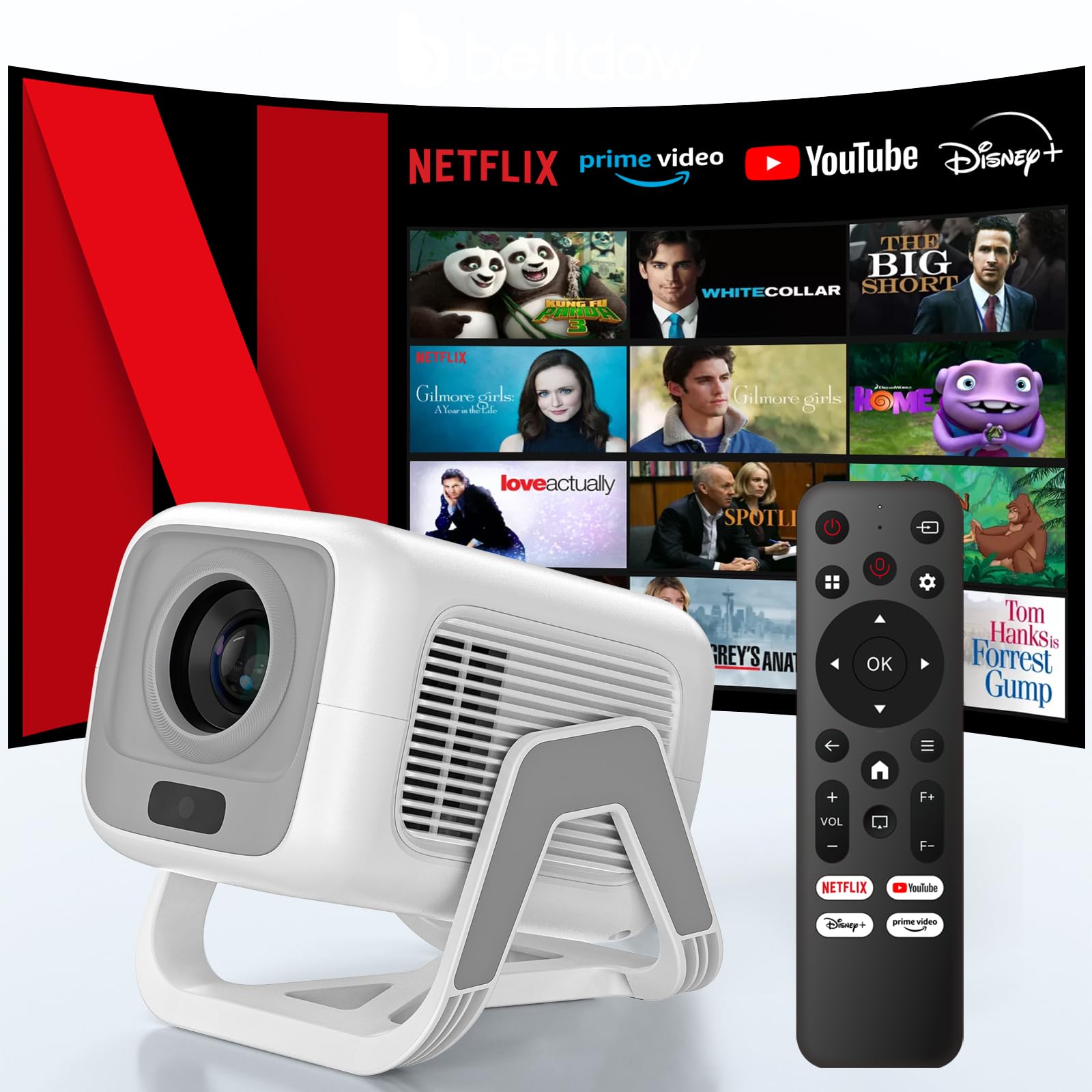 پروژکتور مینی Bettdow 4K [رسمی Netflix]، پروژکتور Full HD 1080P چرخشی، فوکوس خودکار/اصلاح کی‌استون، پروژکتور ویدئوی 10000 لومنز با اندروید 13، بلوتوث 5.2، سینمای خانگی پروژکتور
