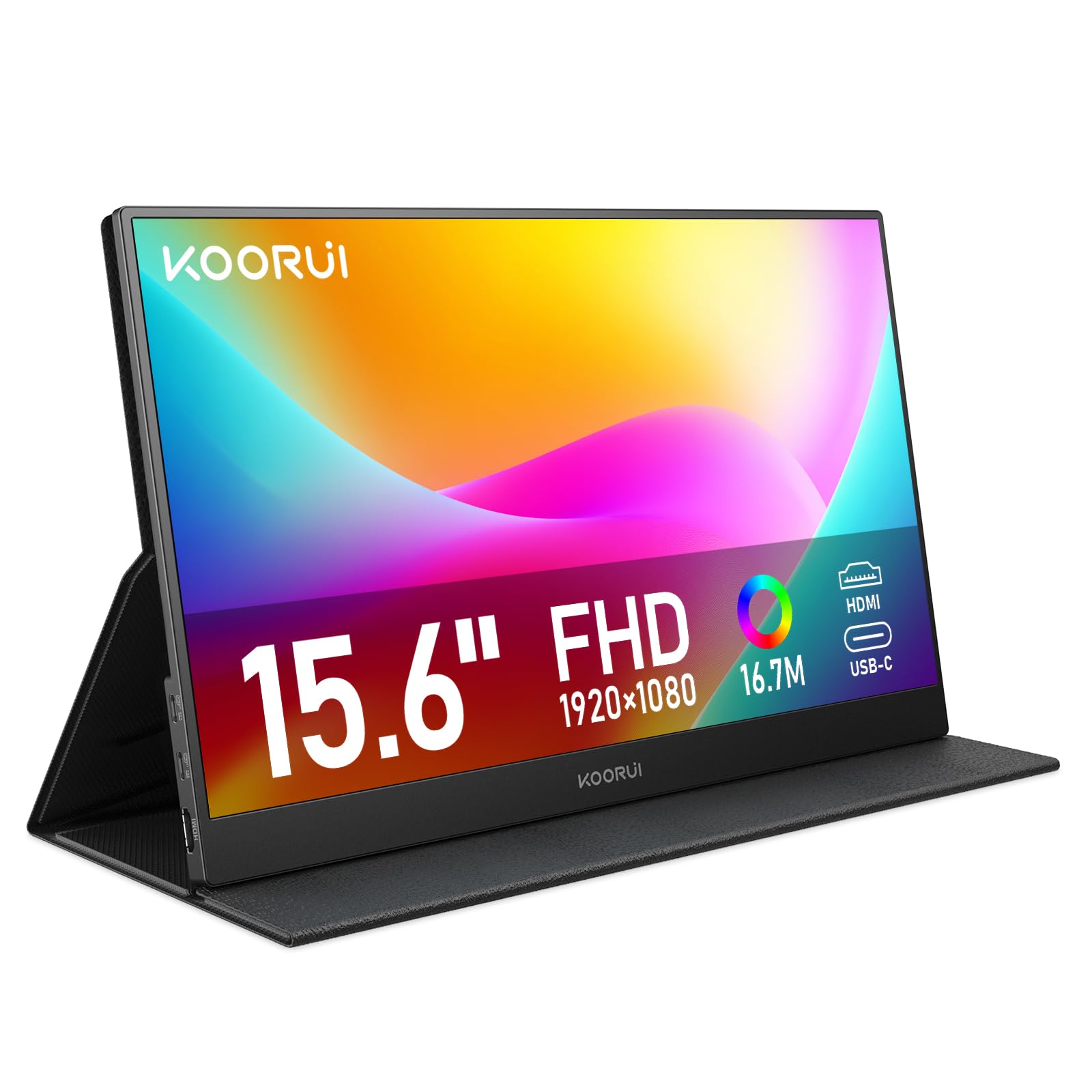 مانیتور قابل حمل 15.6 اینچی KOORUI - صفحه نمایش دوم 1080P FHD IPS با USB-C HDMI، درپوش محافظ و دو بلندگو برای کامپیوتر، تلفن، Xbox، PS4/5، Switch (مشکی، E1511A/60Hz) مشکی E1511A/15.6 اینچی/60Hz