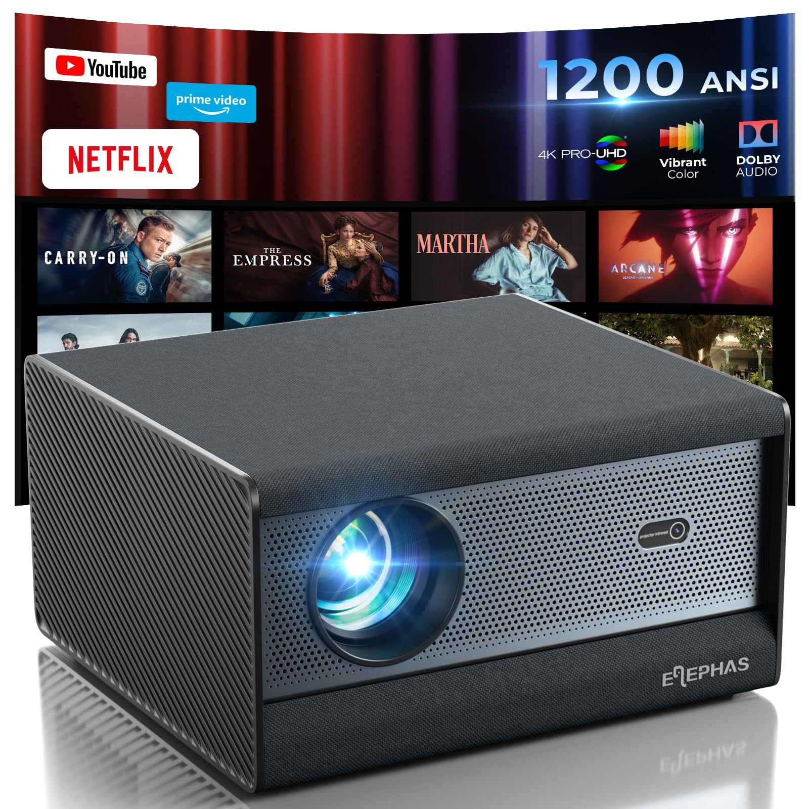 پروژکتور هوشمند 4K ELEPHAS با وای فای و بلوتوث، به همراه صدای دالبی و قدرت 30 وات ANSI/ Netflix- مجوزدار، مناسب برای استفاده در داخل و خارج از منزل، سیاه، محکم در برابر گرد و غبار، قابلیت فوکوس خودکار/ Keystone