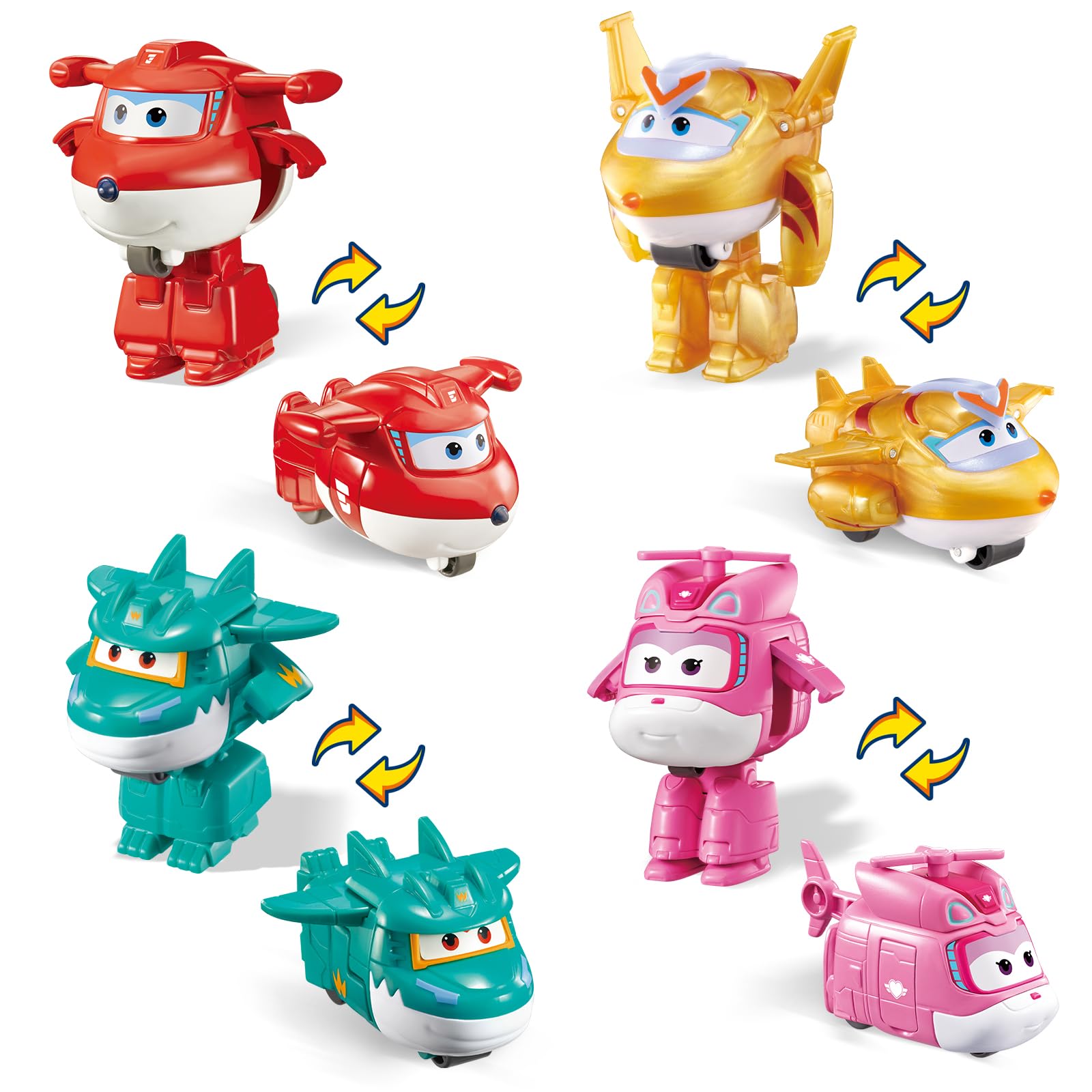 مجموعه چهارتایی اسباب بازی‌های تبدیل شونده Super Wings، 5 سانتی‌متری، شامل جت و دیزی و پسر طلایی و تینو، ربات به هواپیما، اسباب‌بازی برای 3 سال به بالا، بدون نیاز به باتری، از پلاستیک ABS ایمن، اسباب‌بازی‌های اکشن قابل جمع‌آوری مدل S8-4 Pack