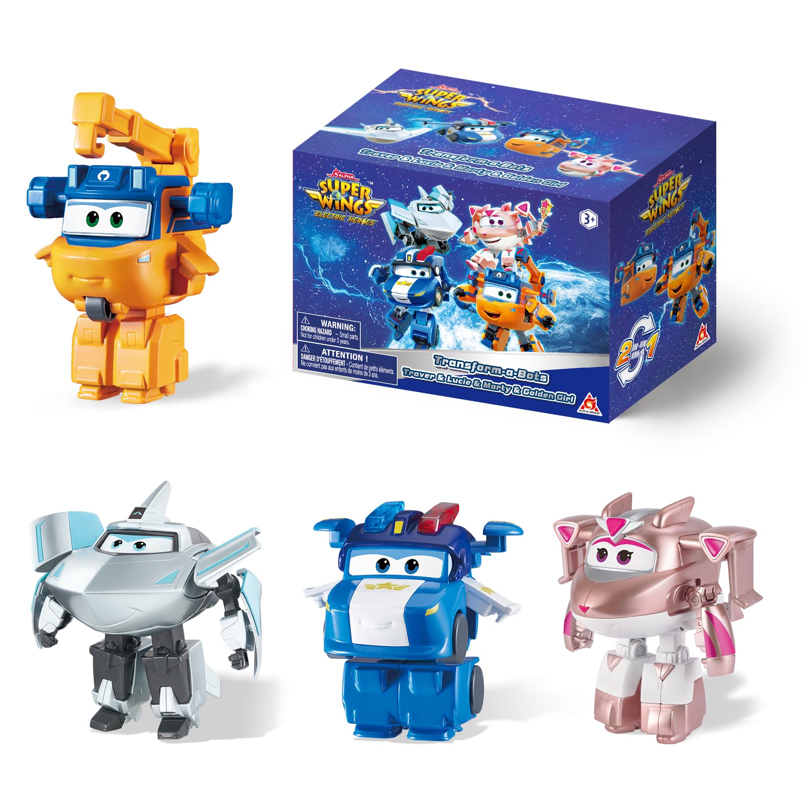 Super Wings Transforming Figures 4 Pack, 5 cm Lucie & Marty & Traver & Golden Girl, Robot to Plane, Toy from 3 Years, Battery-Free, Safe ABS Plastic, Action Figures for Collectable s8-4 figures