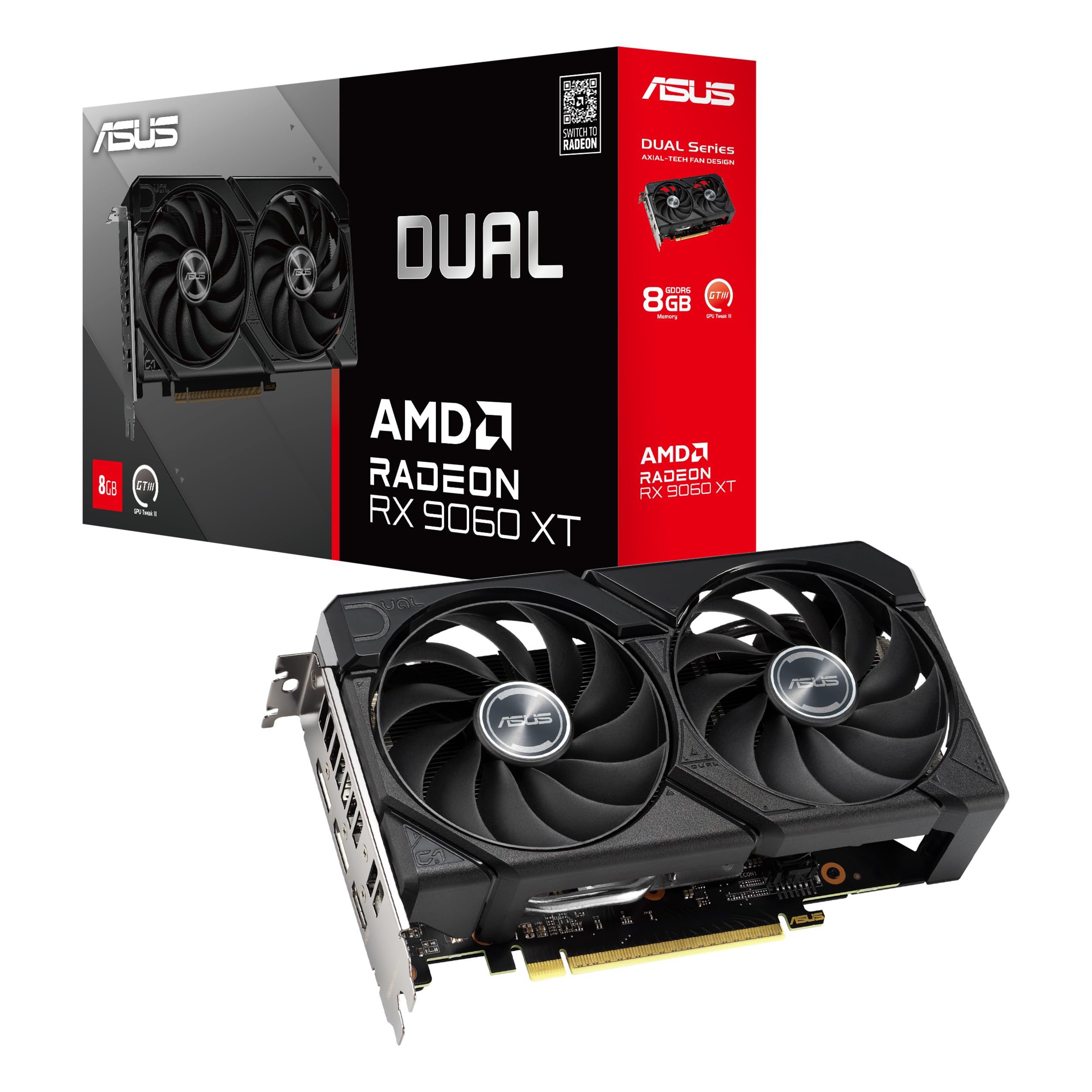 کارت گرافیک ASUS Dual Radeon™ RX 9060 XT 8GB GDDR6 (PCIe 5.0، HDMI 2.1b، DisplayPort 2.1a، طراحی 2.5 اسلات، طراحی فن با فناوری محوری (Axial)، فناوری 0dB و موارد بیشتر)