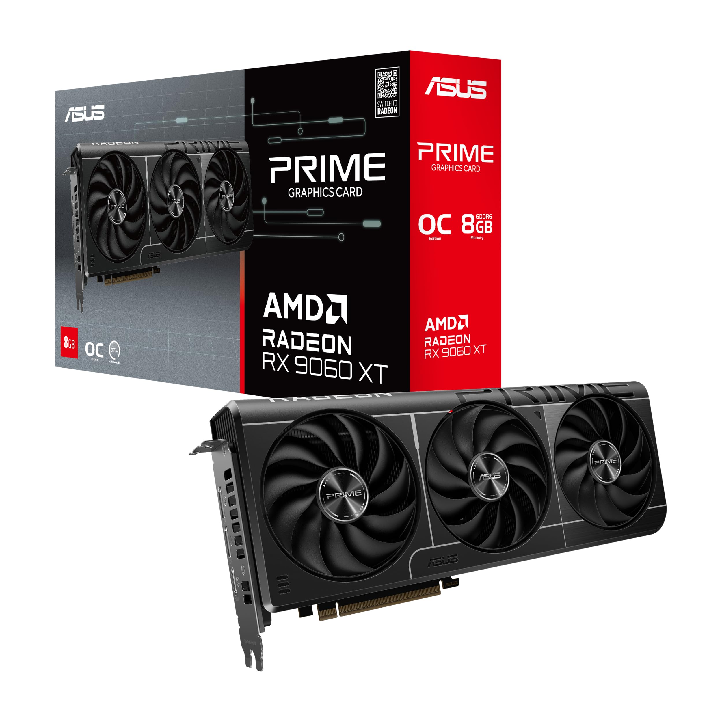 ASUS Prime Radeon™ RX 9060 XT 8 گیگابایت GDDR6 نسخه اورکلاک‌شده کارت گرافیک (PCIe 5.0، HDMI/DP 2.1، طراحی دو و نیم اسلات، فن‌های Axial-Tech، بلبرینگ‌های توپ دوگانه در فن، دو BIOS، محافظ GPU) PRIME RX9060XT|8 گیگابایت