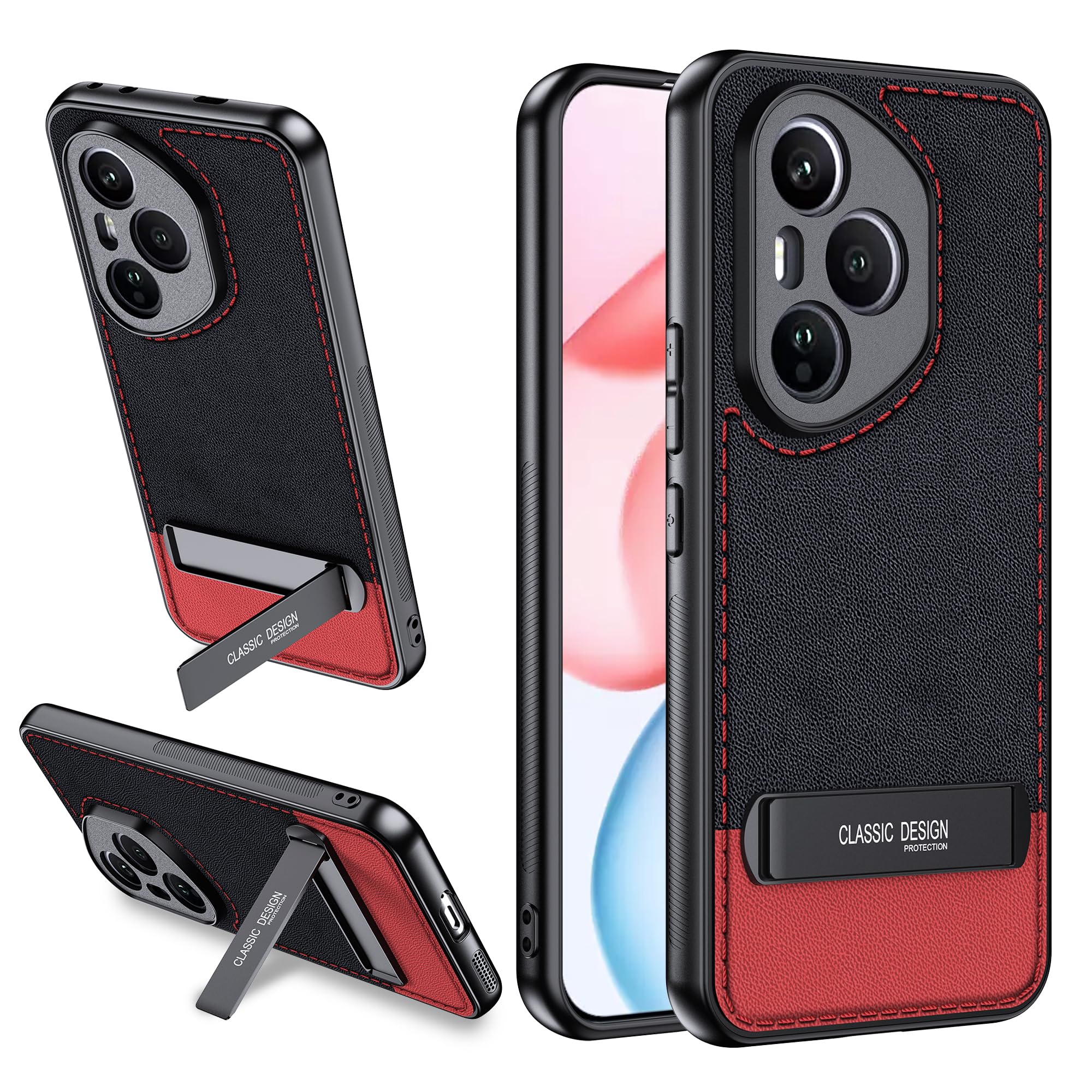 محافظ Case for Honor 400 Pro با استند قابل‌تاشو و ضد اثر انگشت و ضد لغزش از جنس سیلیکون انعطاف‌پذیر + روکش چرمی PU قرمز HONOR 400 Pro