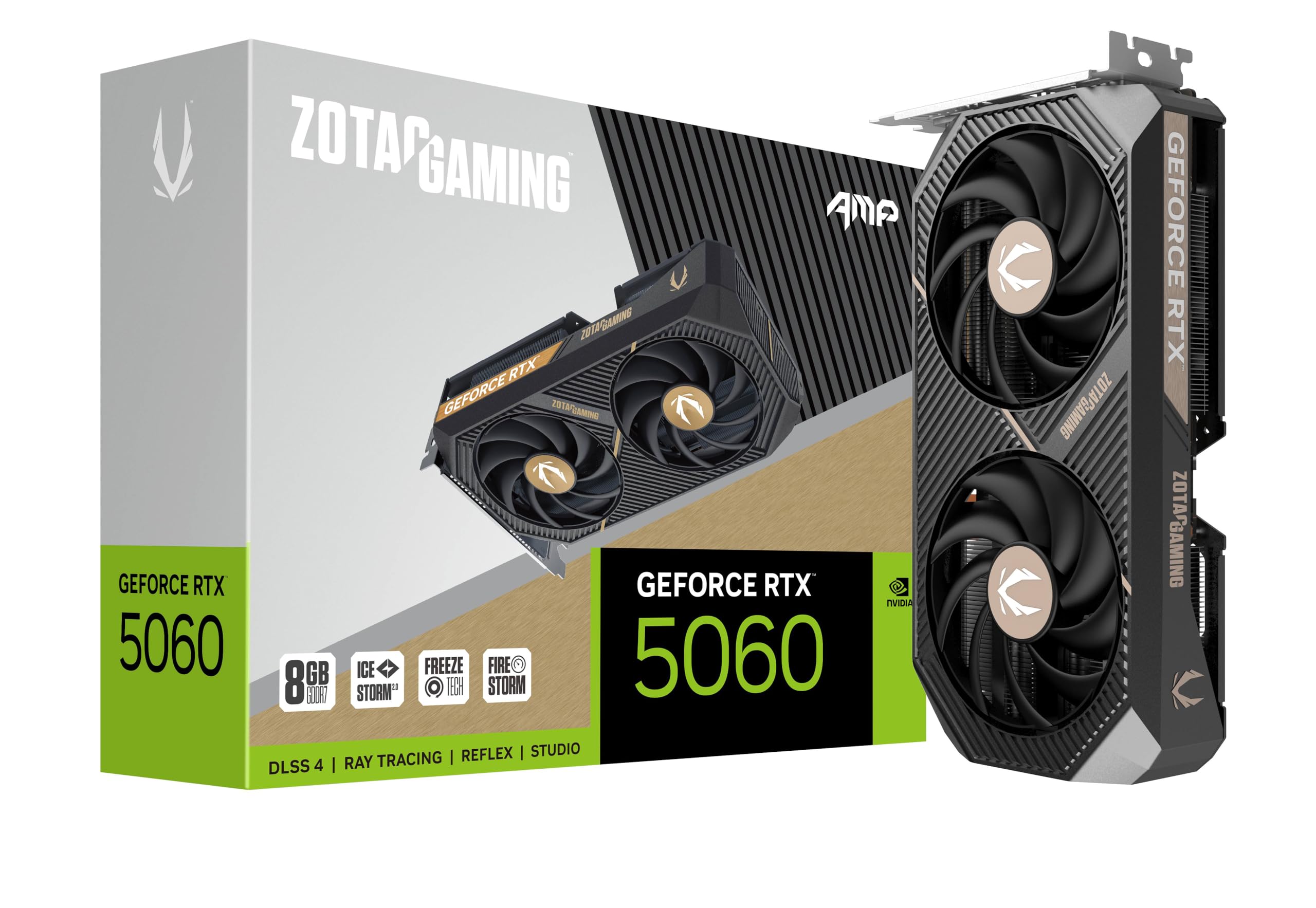 ZOTAC Gaming GeForce RTX 5060 AMP DLSS 4 8GB GDDR7 128-bit 28 Gbps PCIe 5.0 کارت گرافیک گیمینگ با خنک‌کننده IceStorm 2.0 ZT-B50600F-10M