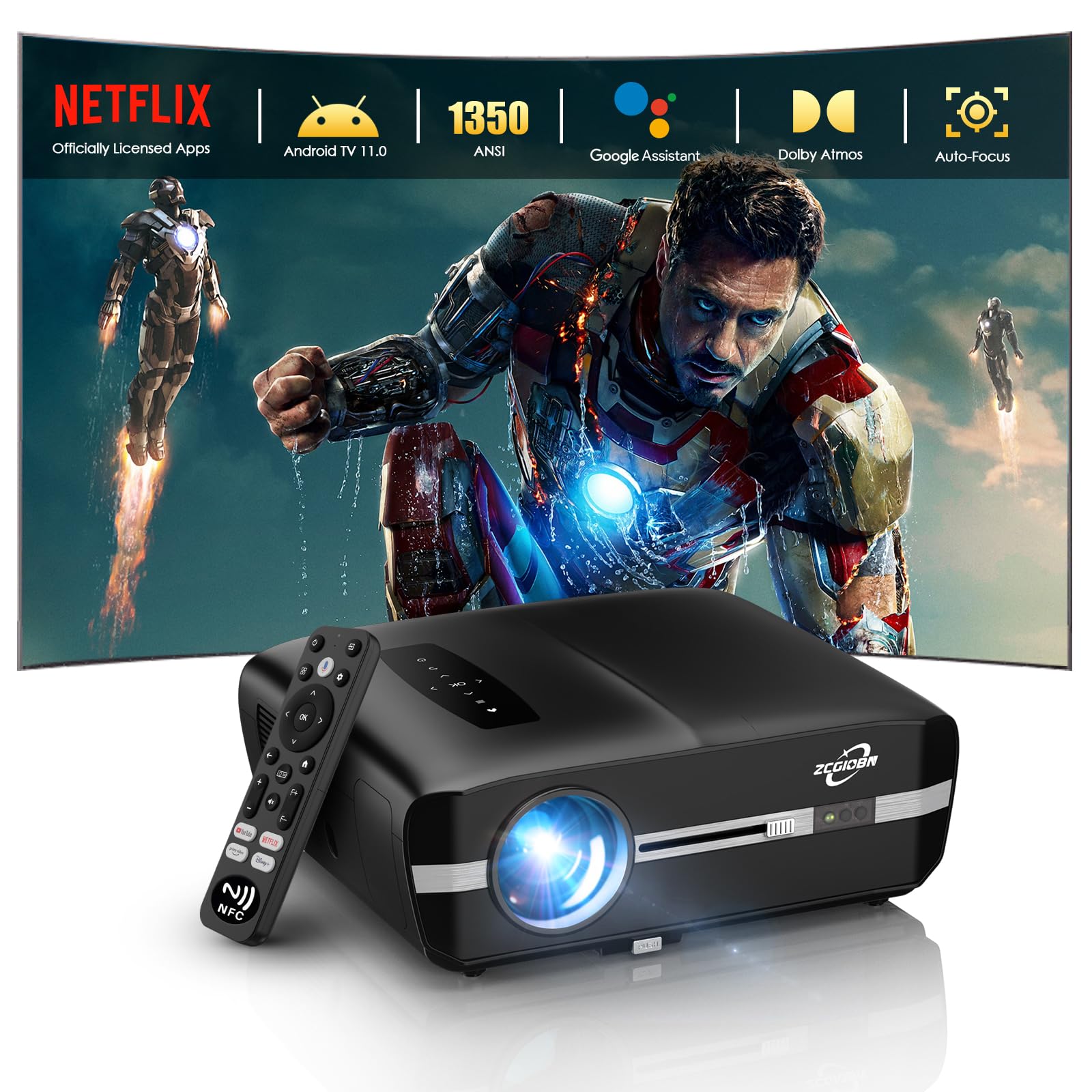 پروژکتور هوشمند 4K با لایسنس Netflix، WiFi 6، بلوتوث 5.4 صدای Dolby Audio، پروژکتور روز روشن فوق العاده 1350 ANSI HDR ToF لیزر اتو فوکوس با پرتاب کوتاه NFC، برای تماشای فیلم در فضای باز، تئاتر خانگی، بازی و تلویزیون، رنگ مشکی