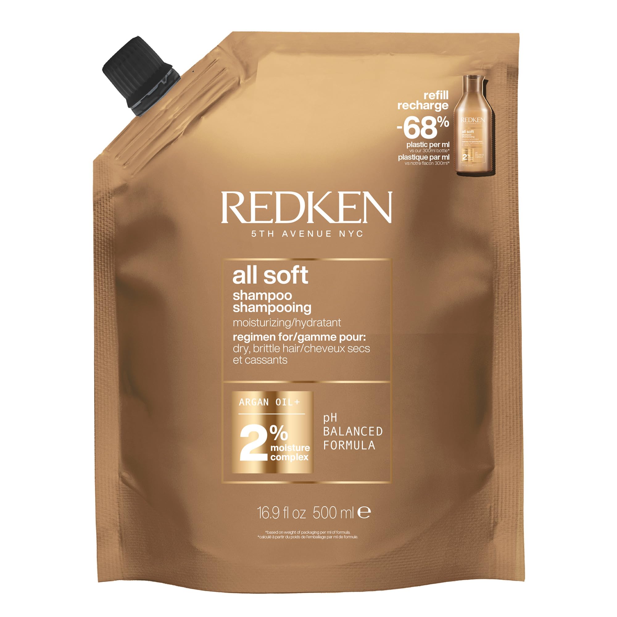 شامپو موی Redken برای موهای خشک و شکننده، تقویت کننده و ترطیب کننده با امگا-۶ و روغن آرگان، شامپو All Soft، بسته 500 میلی‌لیتری