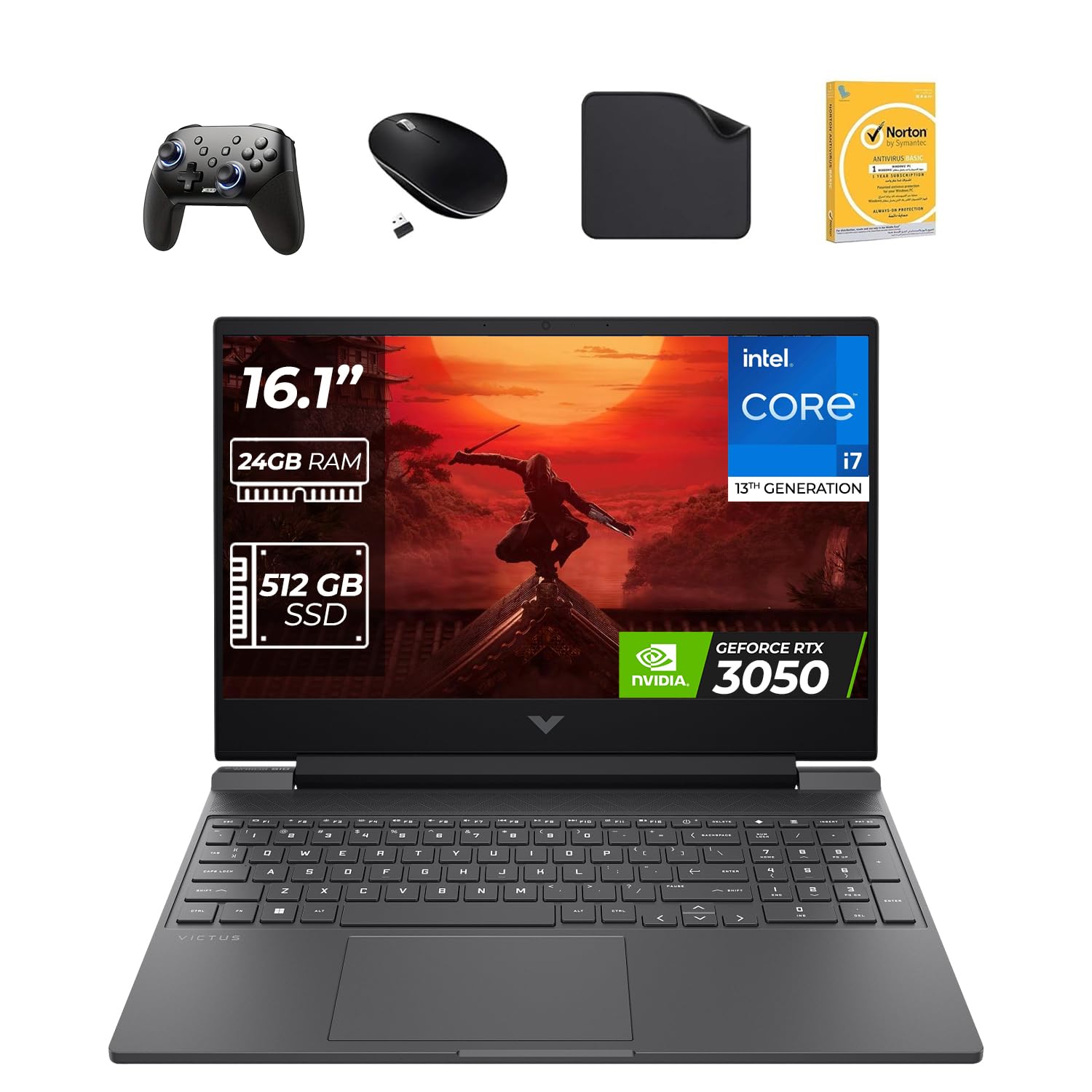 HP 16.1" Victus Gaming Laptop - 13th Gen Intel i7-13700H, RTX 3050 6GB Graphics, 24GB DDR5 RAM, 512GB SSD,Win 11 Pro (Includes 1st Wave Game Controller + Mouse + Antivirus + Mouse Pad) 16-R0053NIA