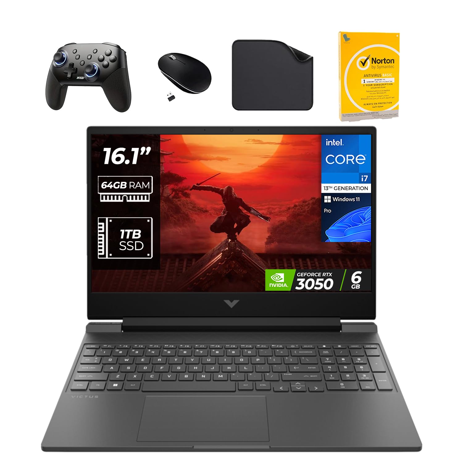 لپ تاپ بازی 16.1 اینچی HP Victus - پردازنده 13th Gen Intel i7-13700H، گرافیک RTX 3050 با حافظه 6GB، رم DDR5 64GB، حافظه داخلی 1TB SSD، ویندوز 11 Pro (شامل کنترلر بازی 1st Wave + موس + آنتی ویروس + فریم موس پد) 16-R0053NIA 64GB RAM | 1TB SSD